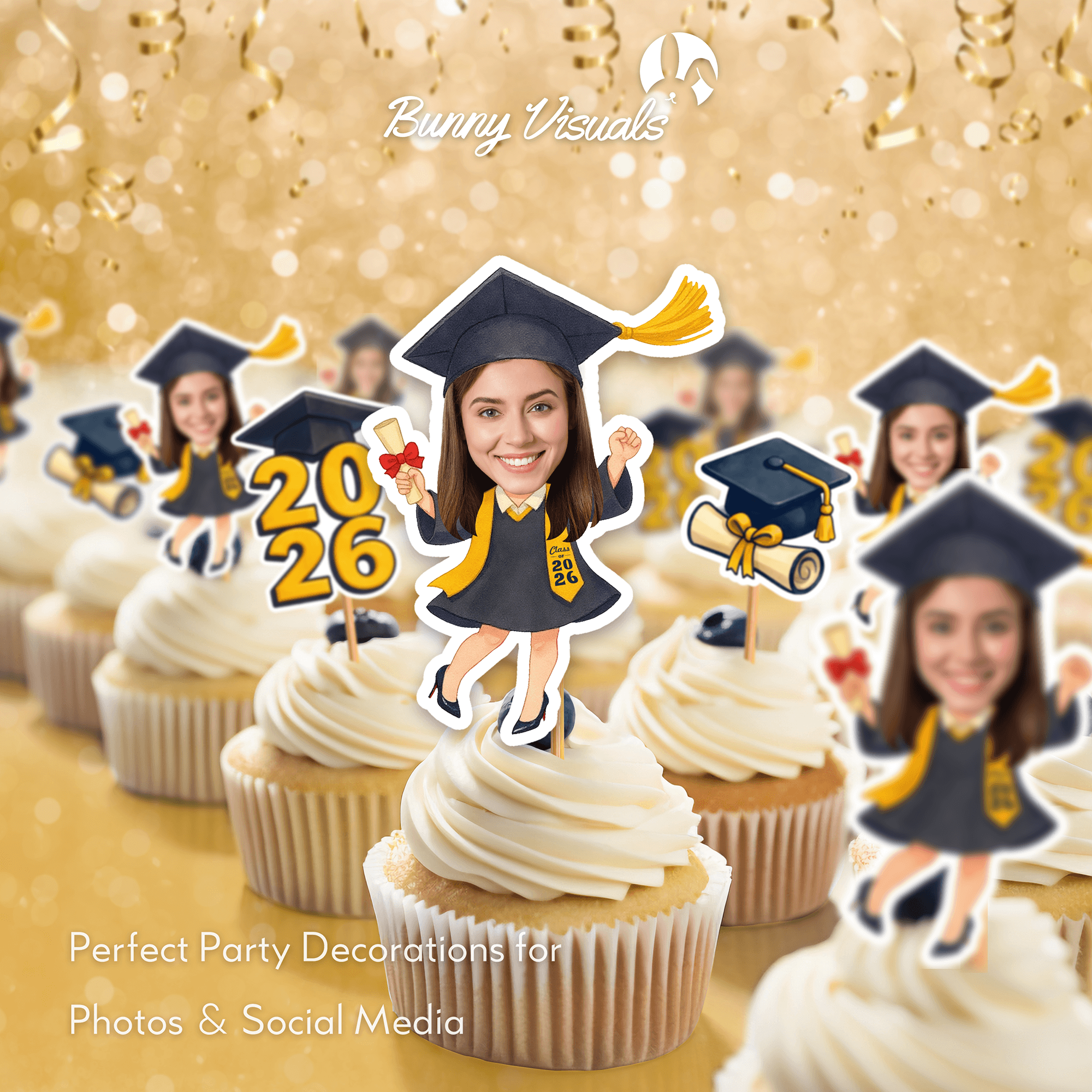 Graduation Black Gown with Stole & Heels Custom Face Cupcake Topper