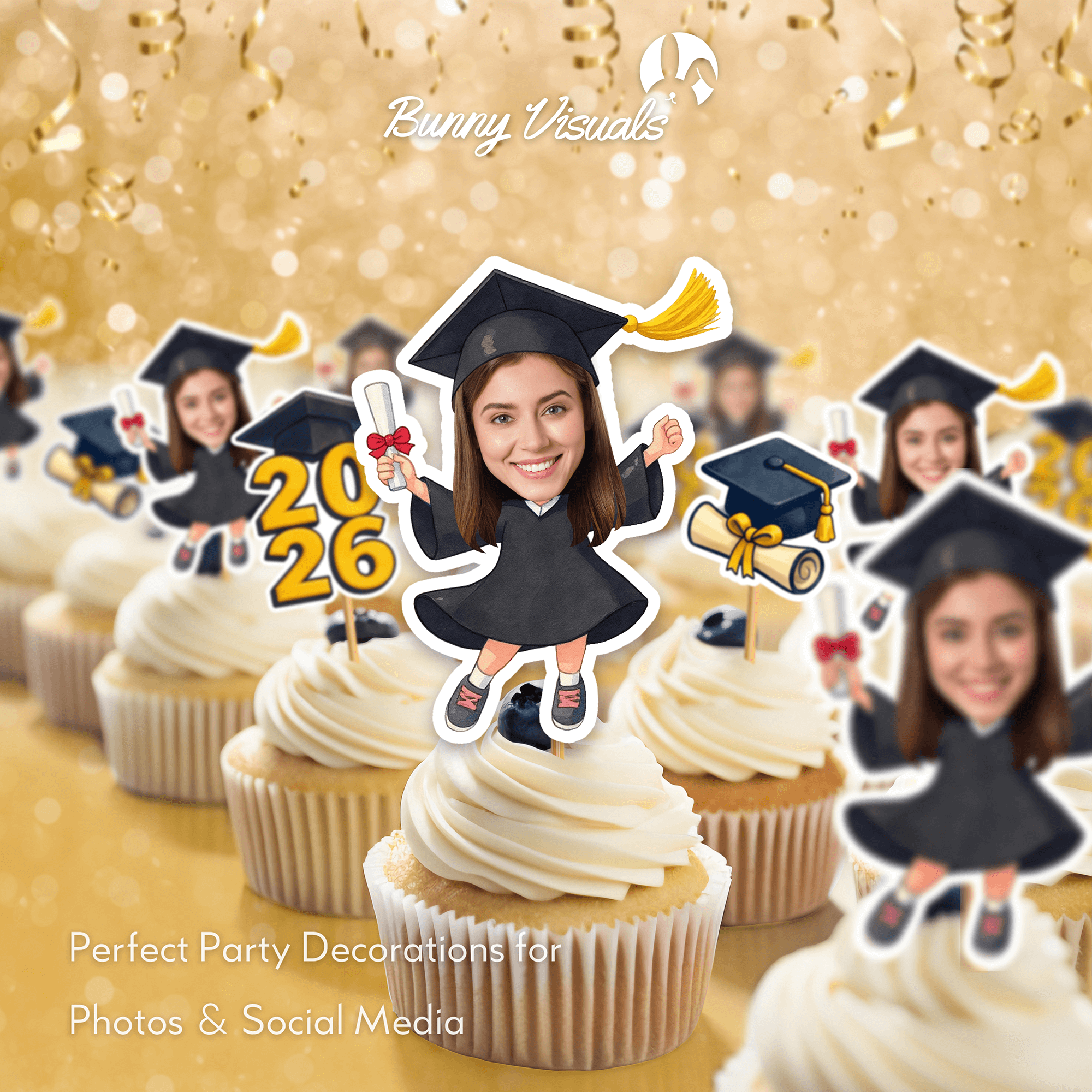 Graduation Black Gown Custom Face Cupcake Topper