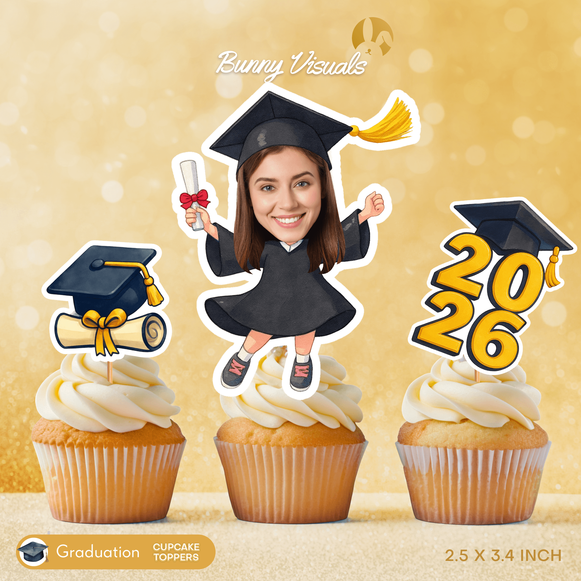 Graduation Black Gown Custom Face Cupcake Topper
