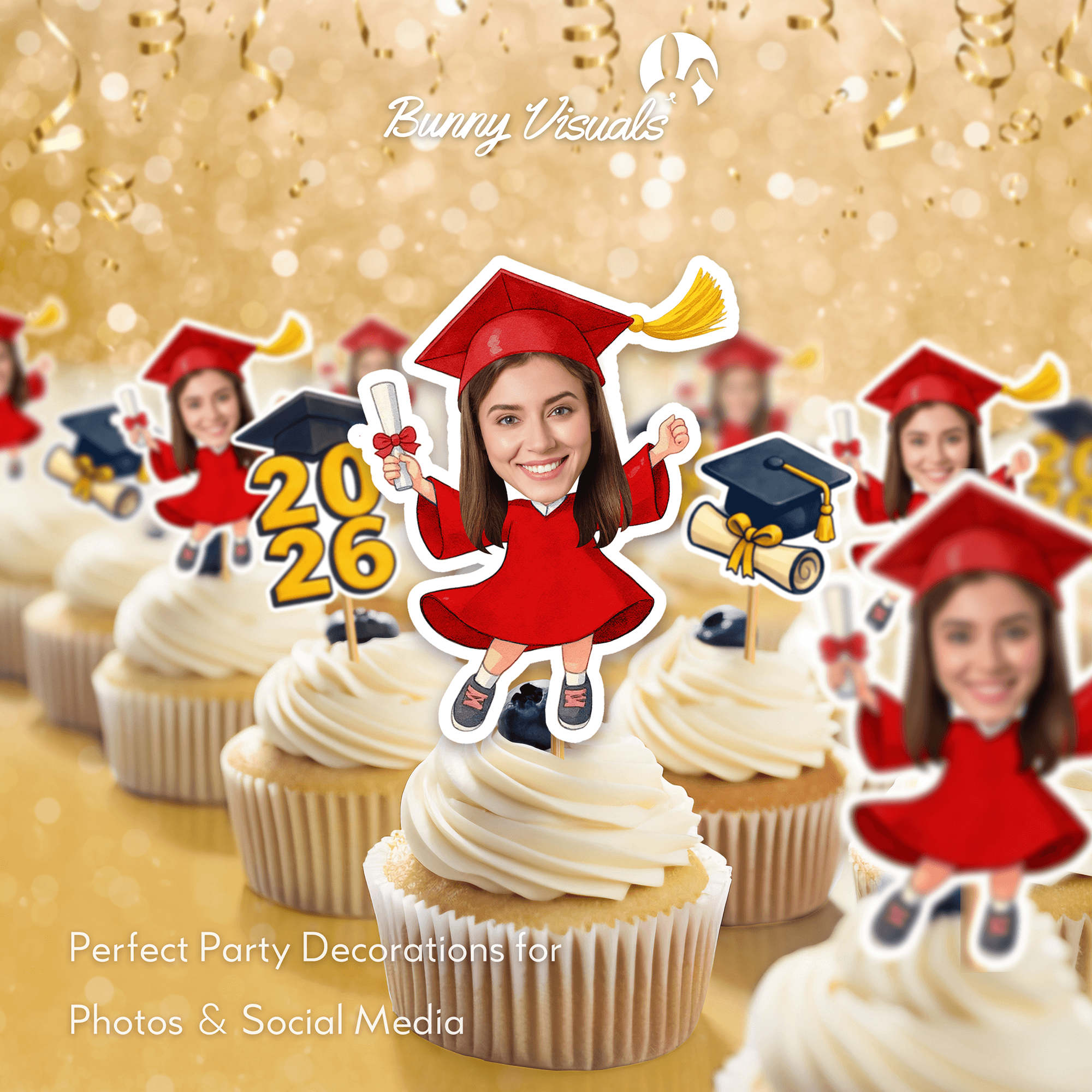 Graduation Red Gown Custom Face Cupcake Topper