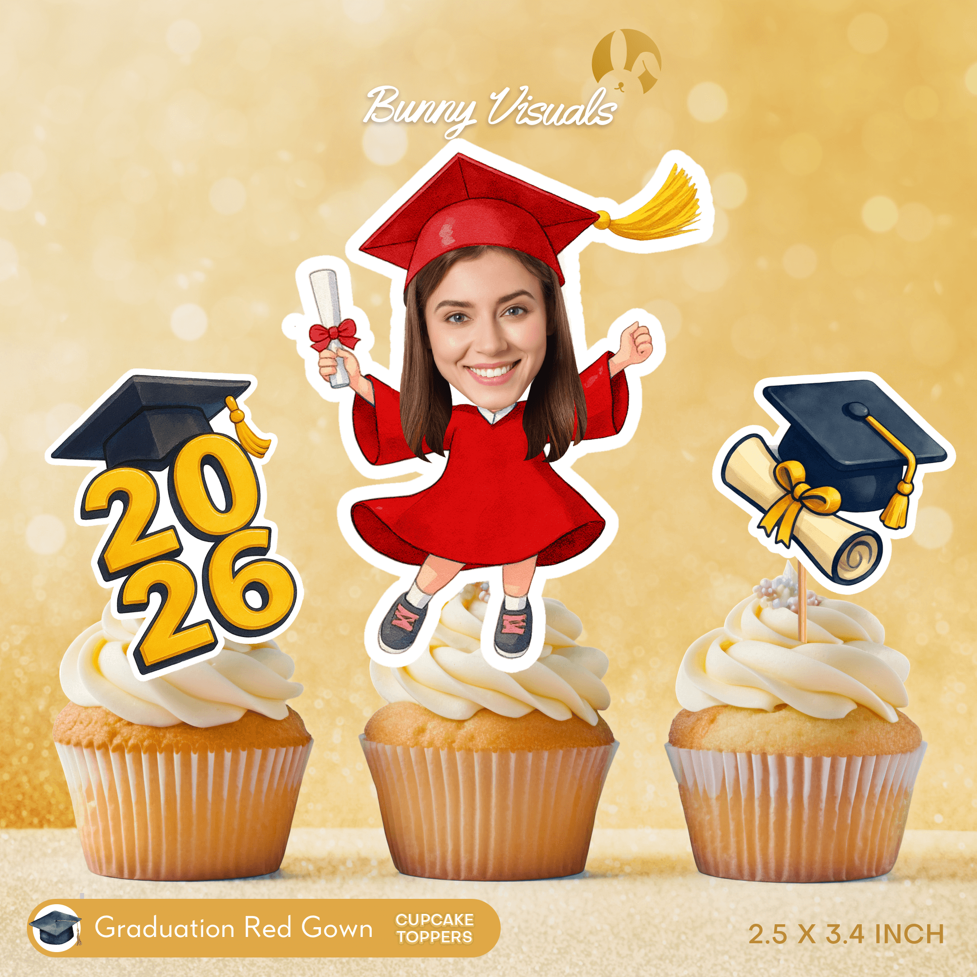 Graduation Red Gown Custom Face Cupcake Topper