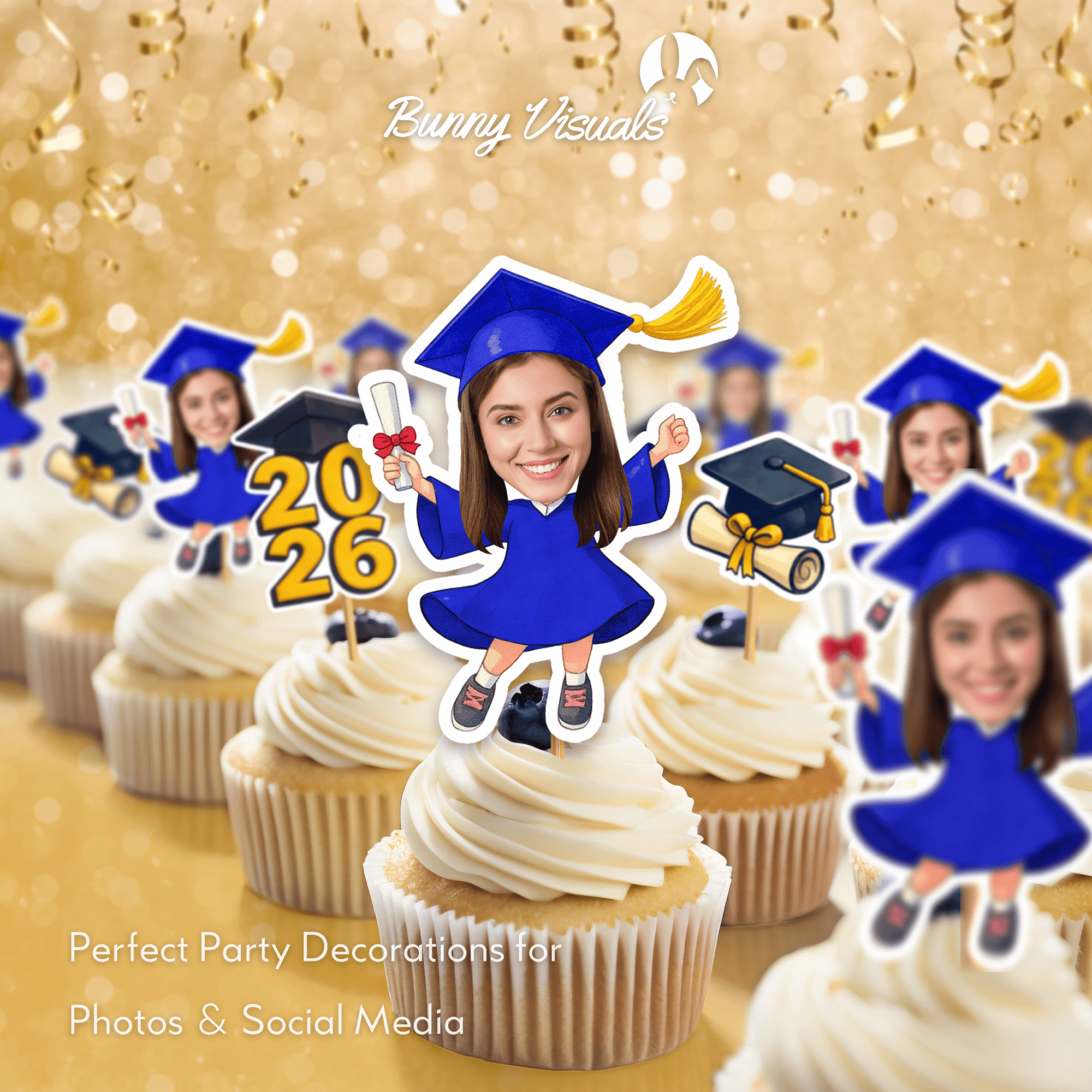 Graduation Blue Gown Custom Face Cupcake Topper