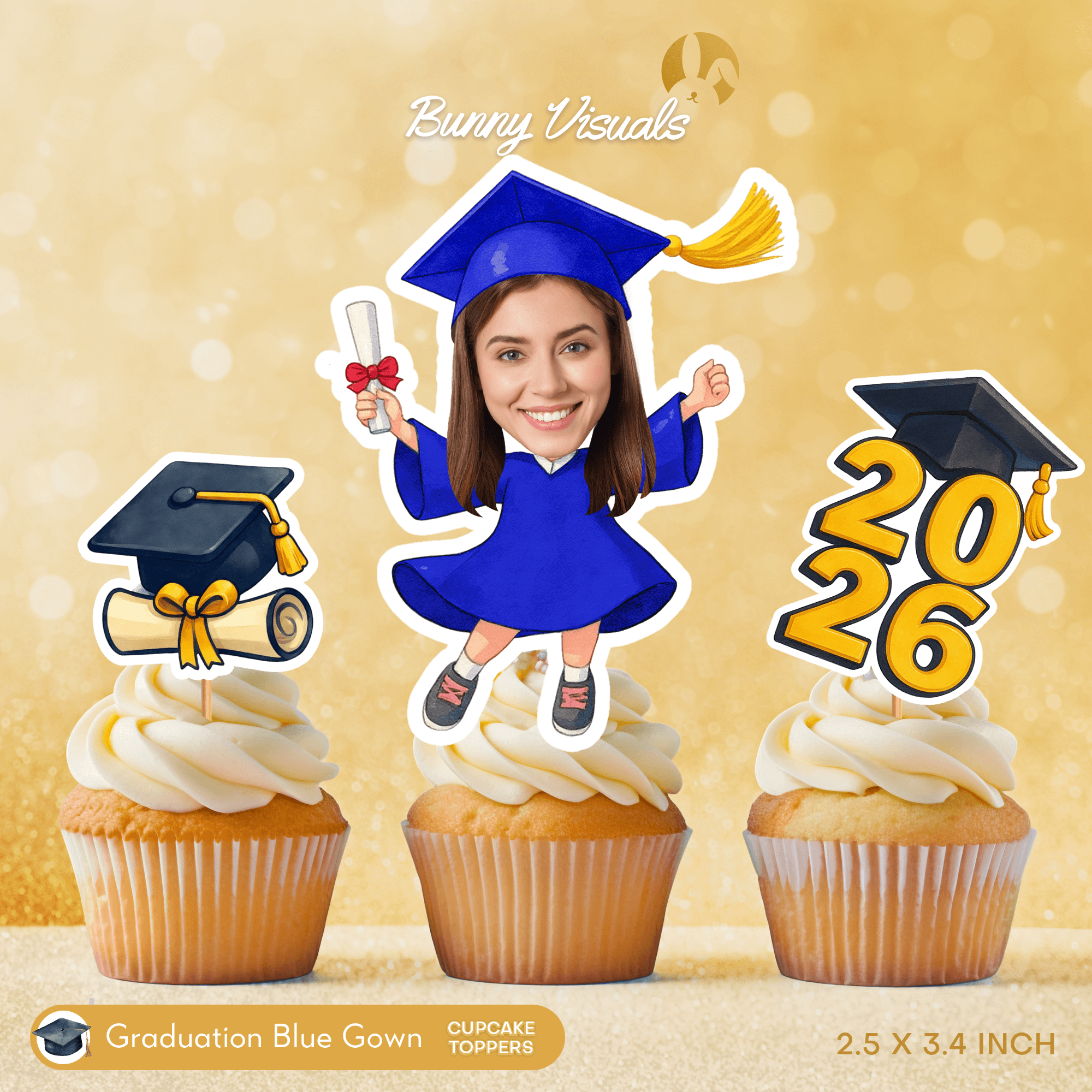 Graduation Blue Gown Custom Face Cupcake Topper