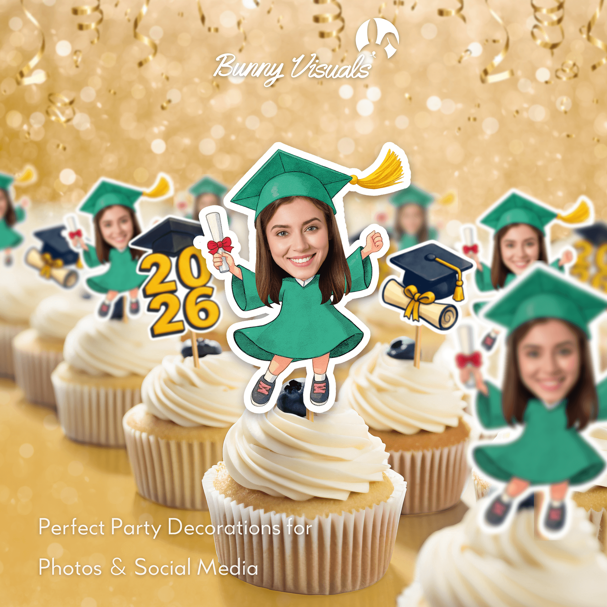 Graduation Green Gown Custom Face Cupcake Topper