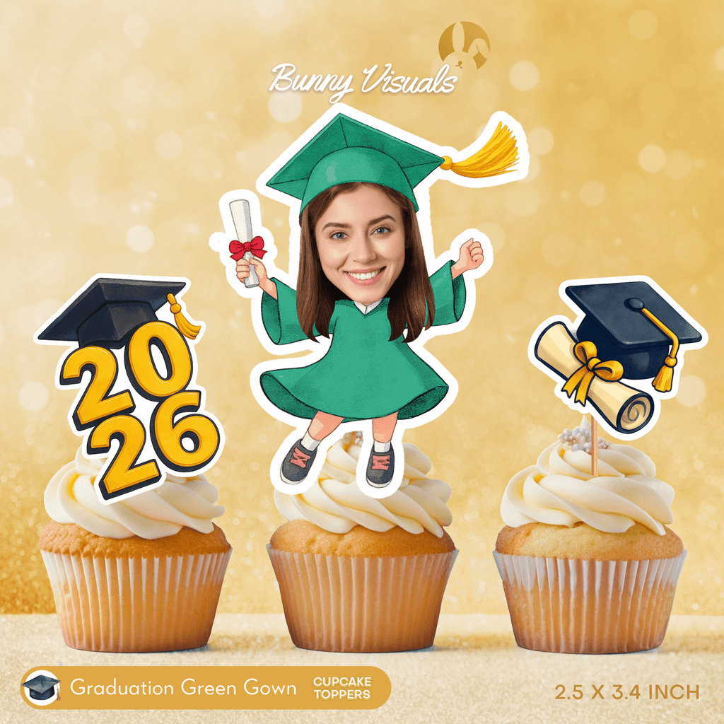 Graduation Green Gown Custom Face Cupcake Topper