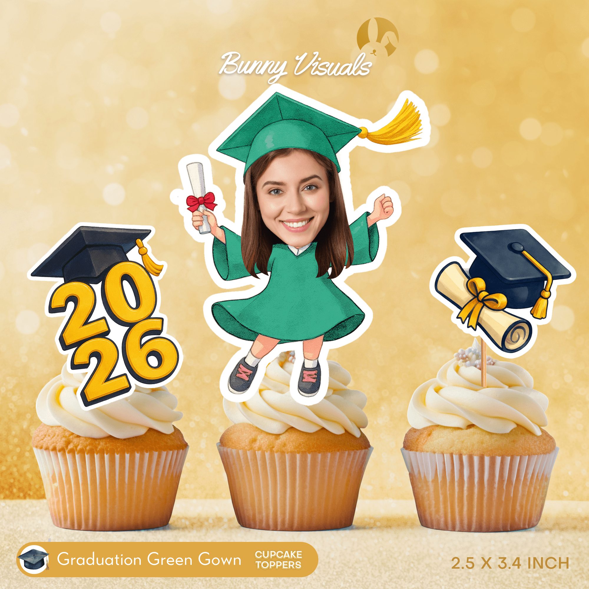 Graduation Green Gown Custom Face Cupcake Topper