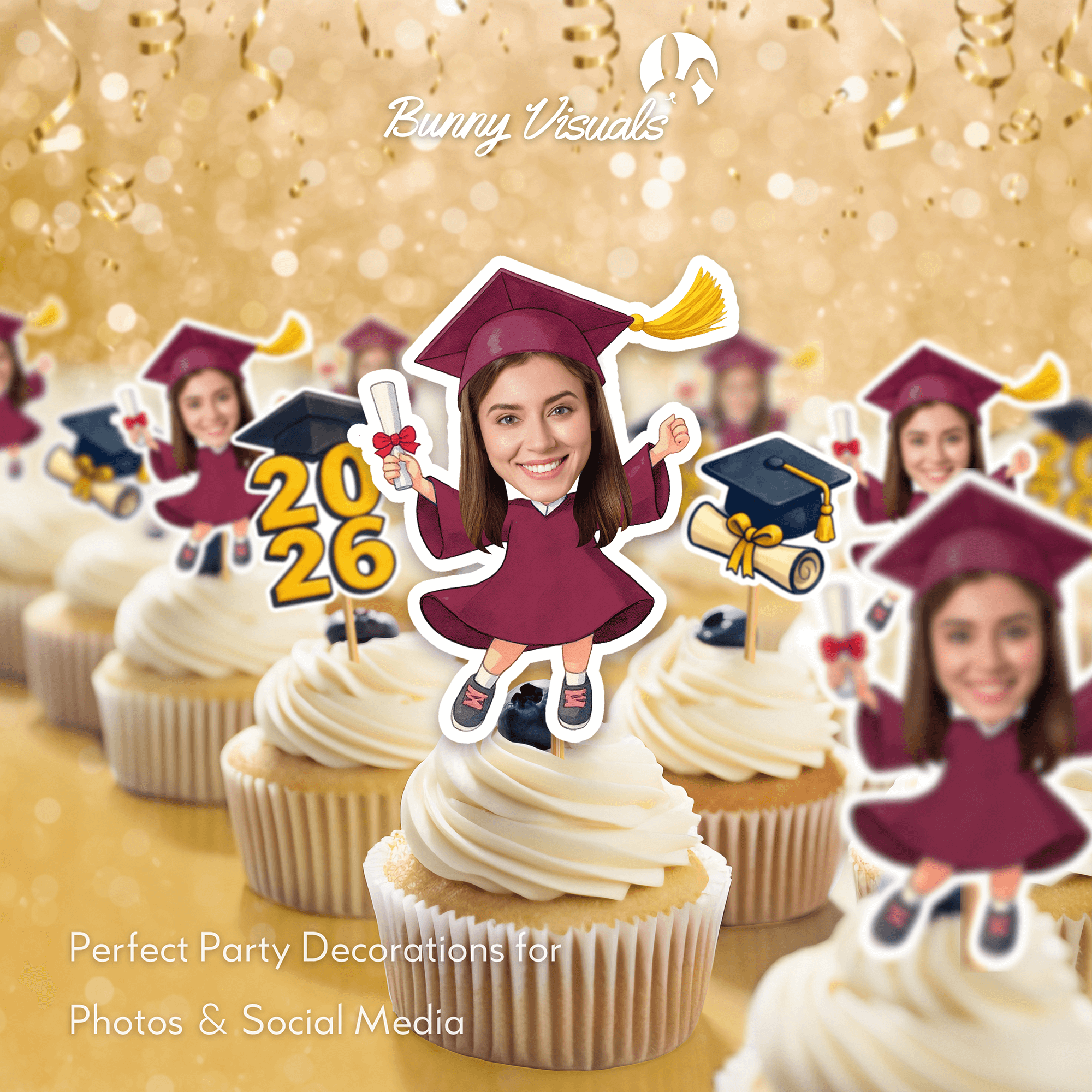 Graduation Maroon Gown Custom Face Cupcake Topper
