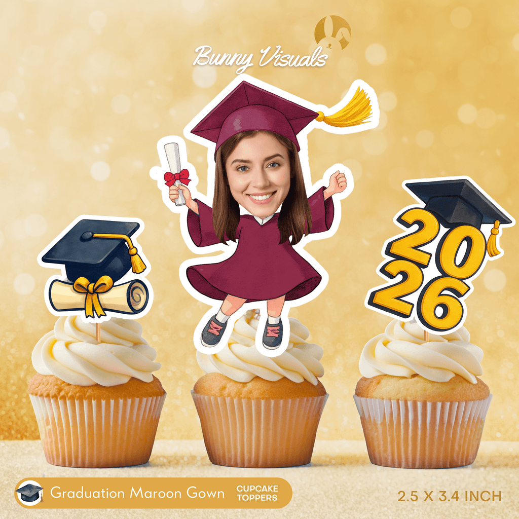 Graduation Maroon Gown Custom Face Cupcake Topper