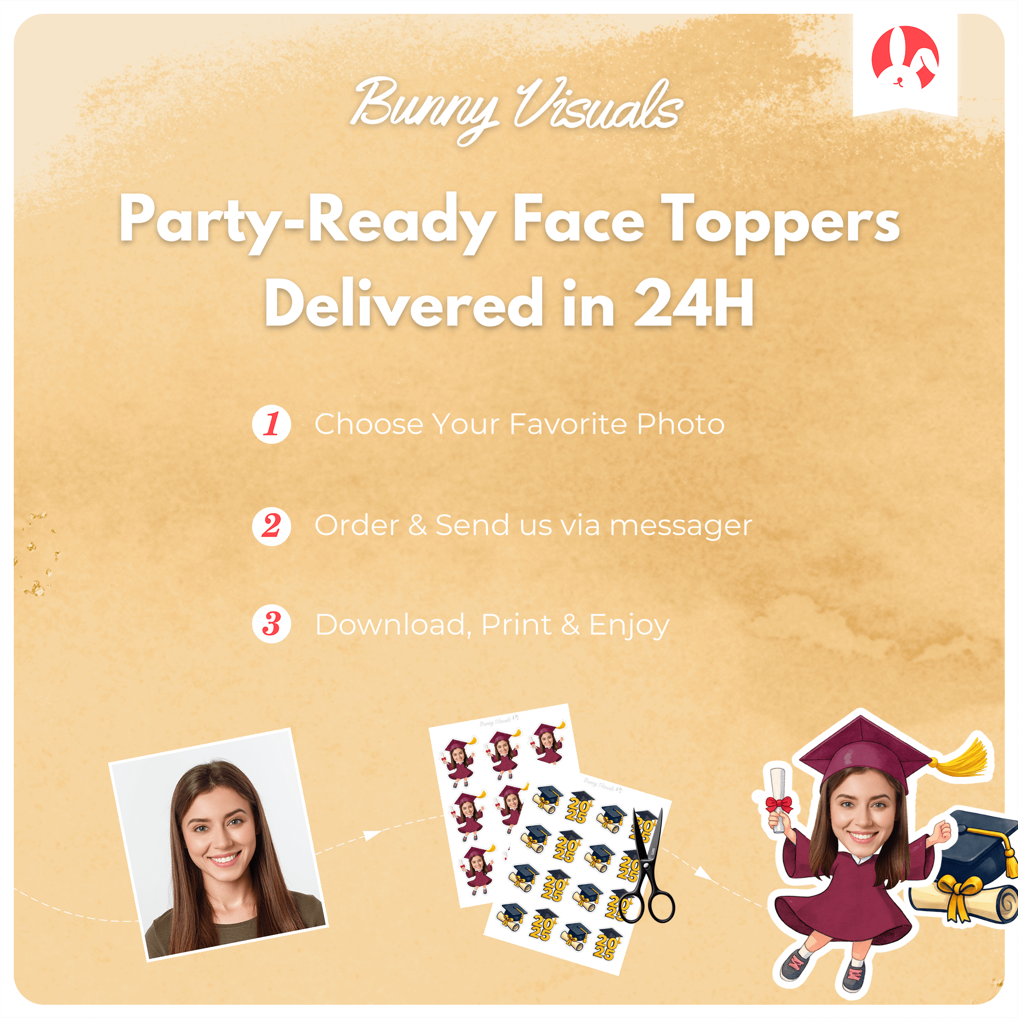 Graduation Maroon Gown Custom Face Cupcake Topper