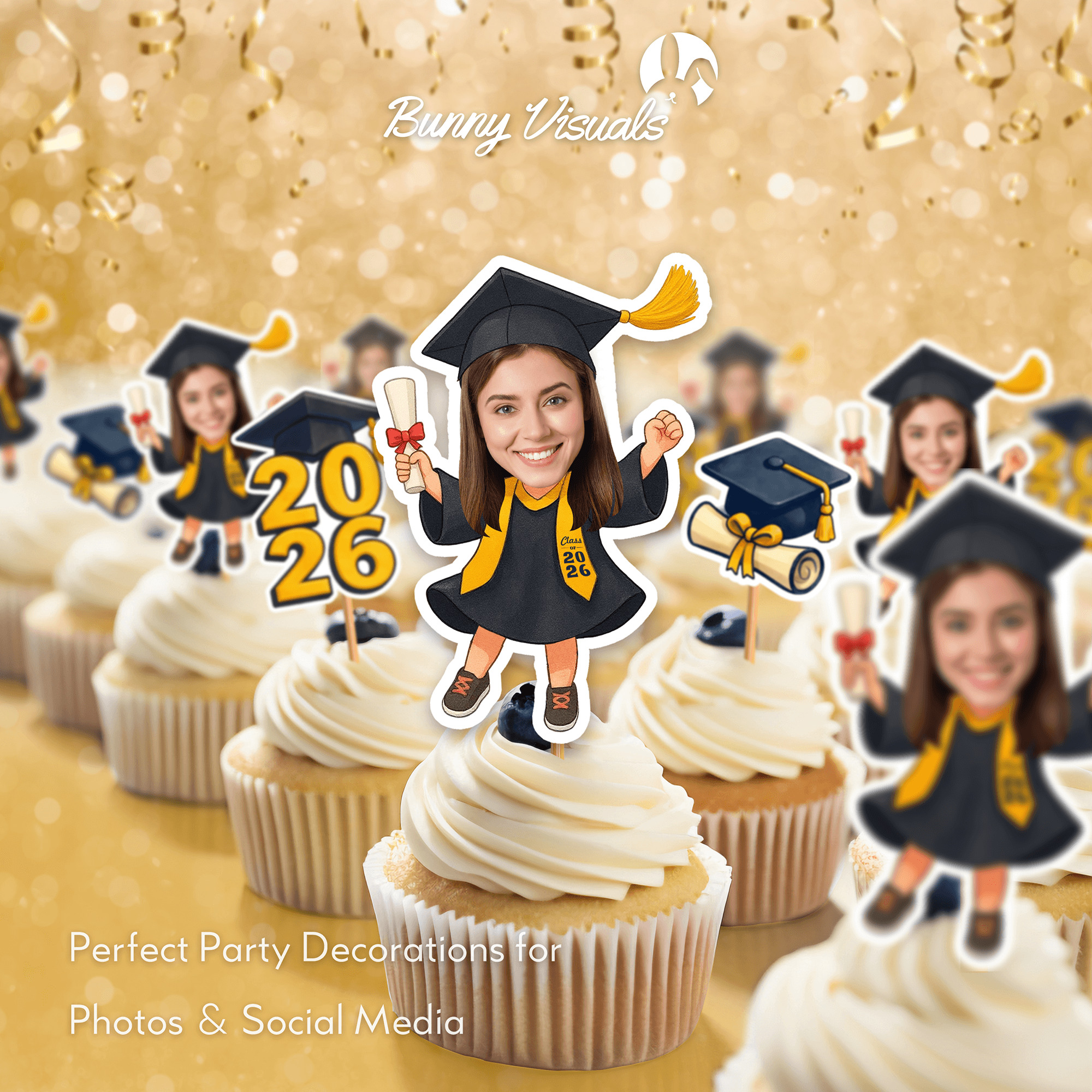 Graduation Black Gown with Stole Custom Face Cupcake Topper