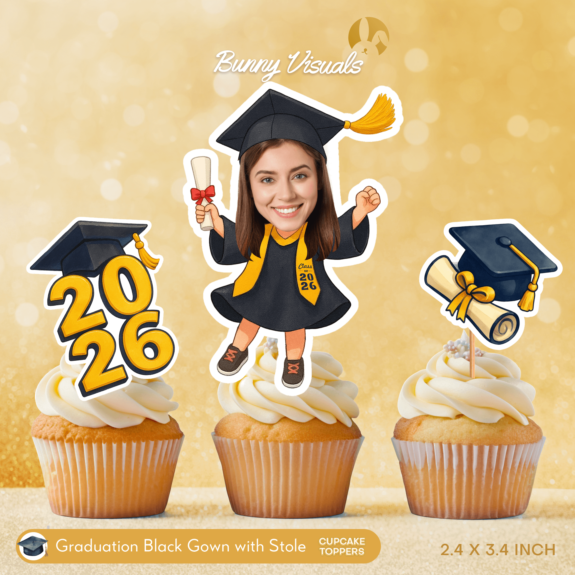 Graduation Black Gown with Stole Custom Face Cupcake Topper