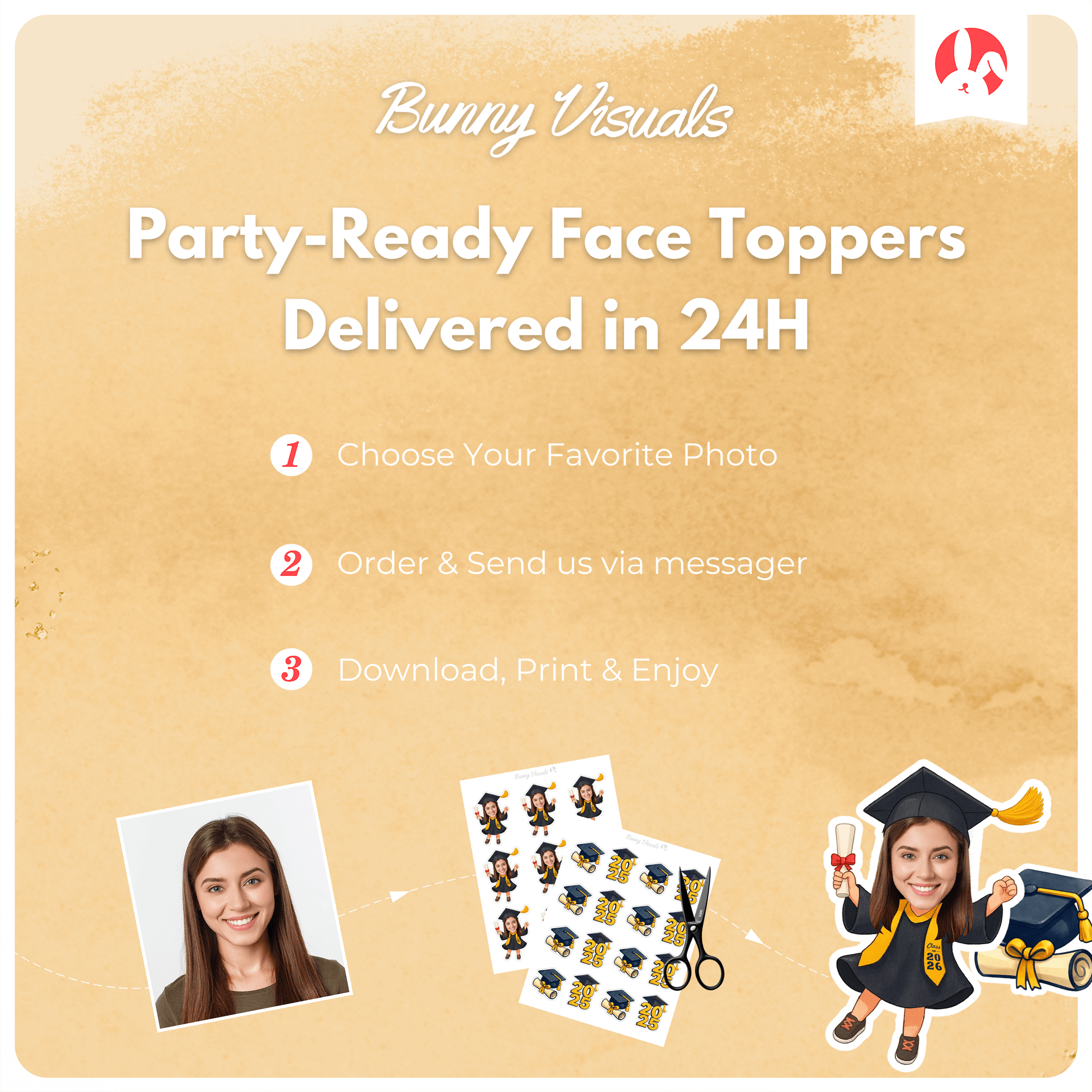 Graduation Black Gown with Stole Custom Face Cupcake Topper
