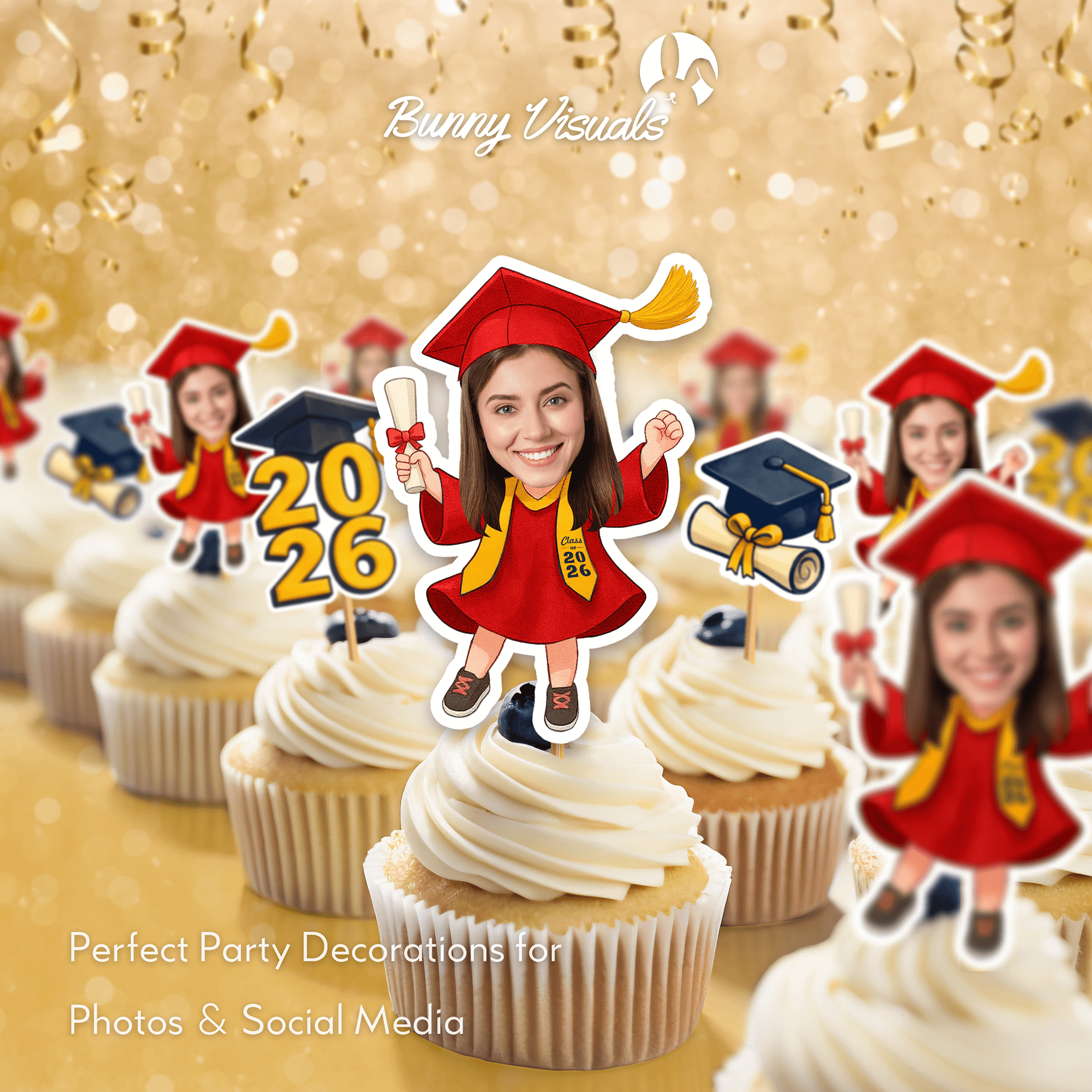 Graduation Red Gown with Stole Custom Face Cupcake Topper