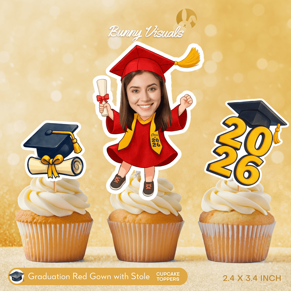 Graduation Red Gown with Stole Custom Face Cupcake Topper