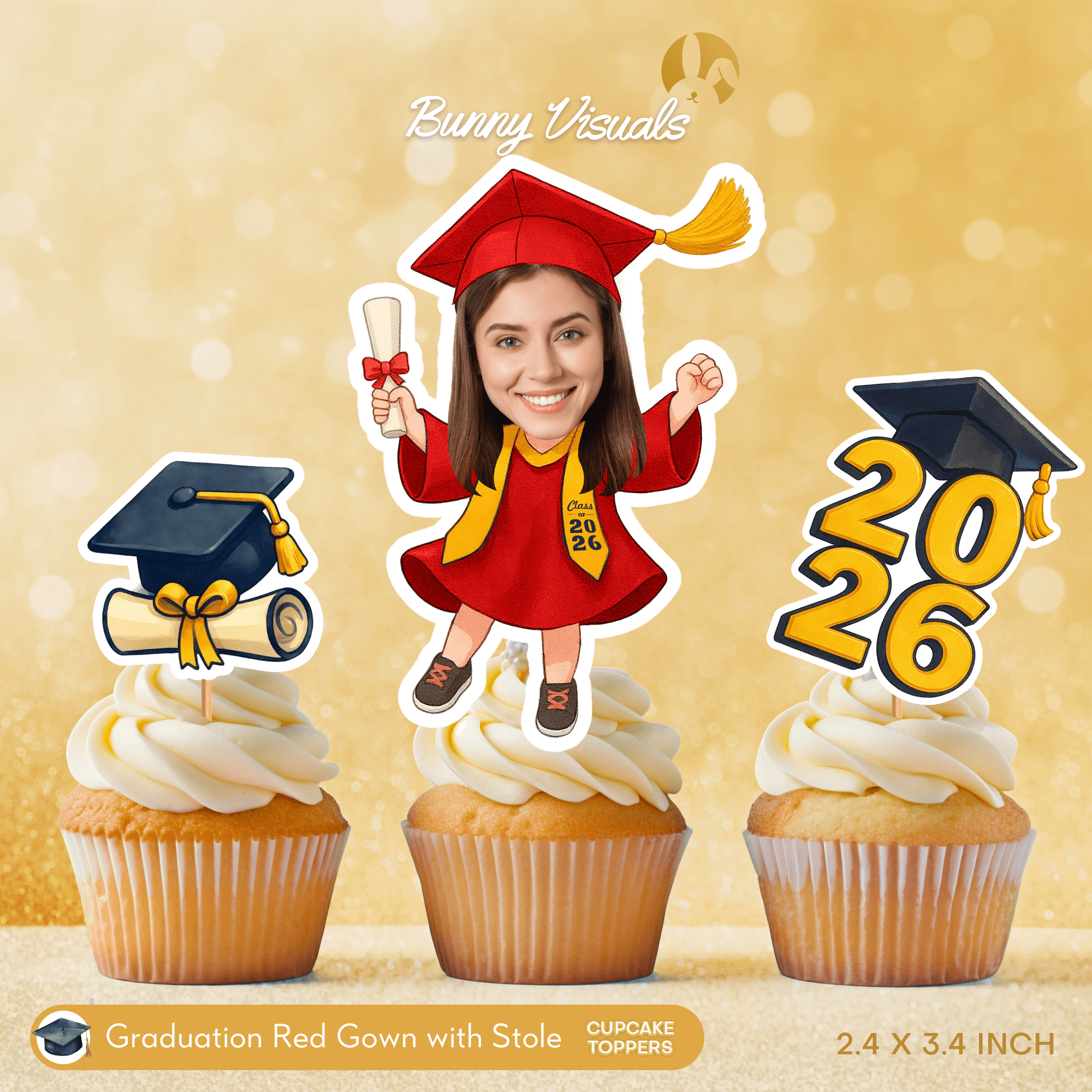 Graduation Red Gown with Stole Custom Face Cupcake Topper