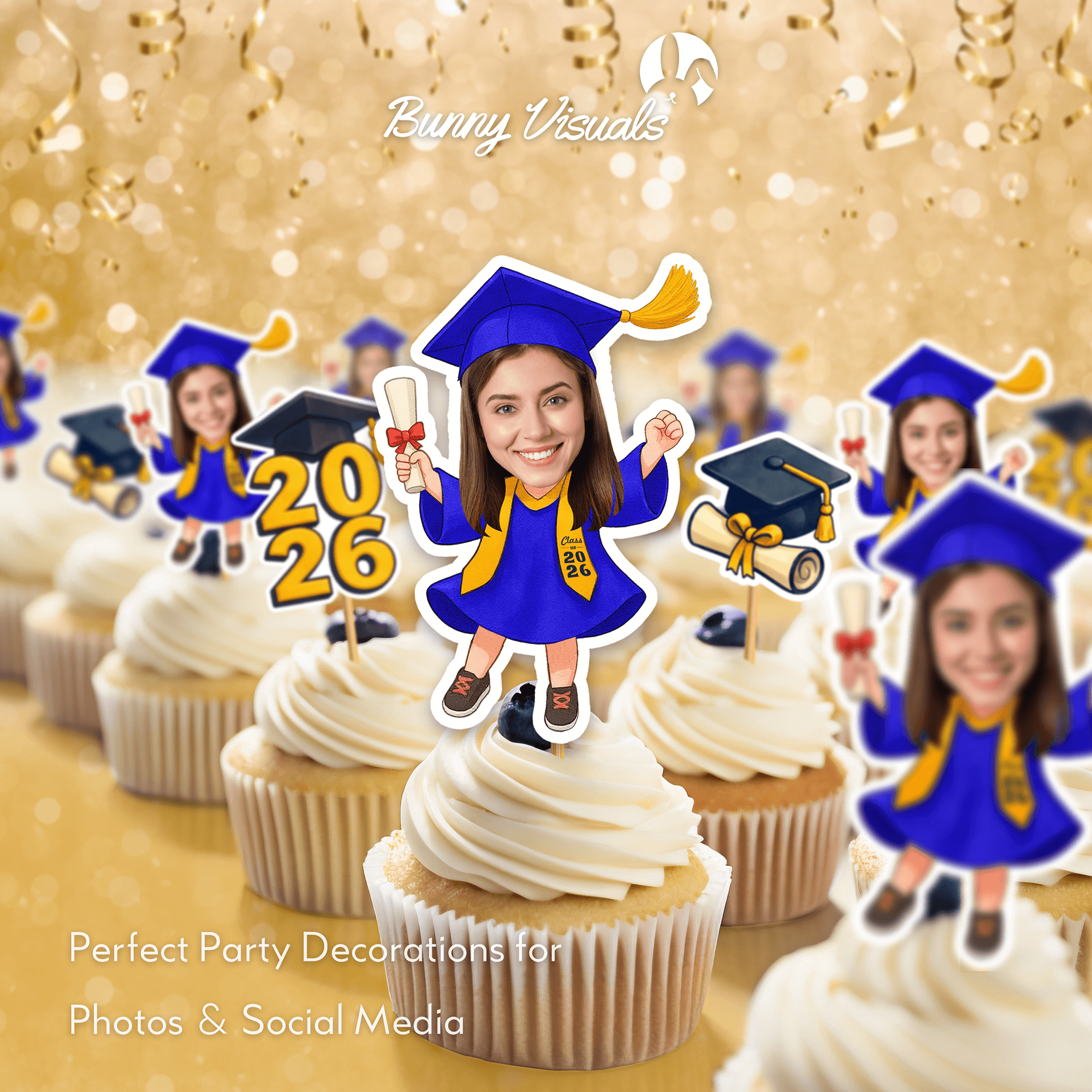 Graduation Blue Gown with Stole Custom Face Cupcake Topper
