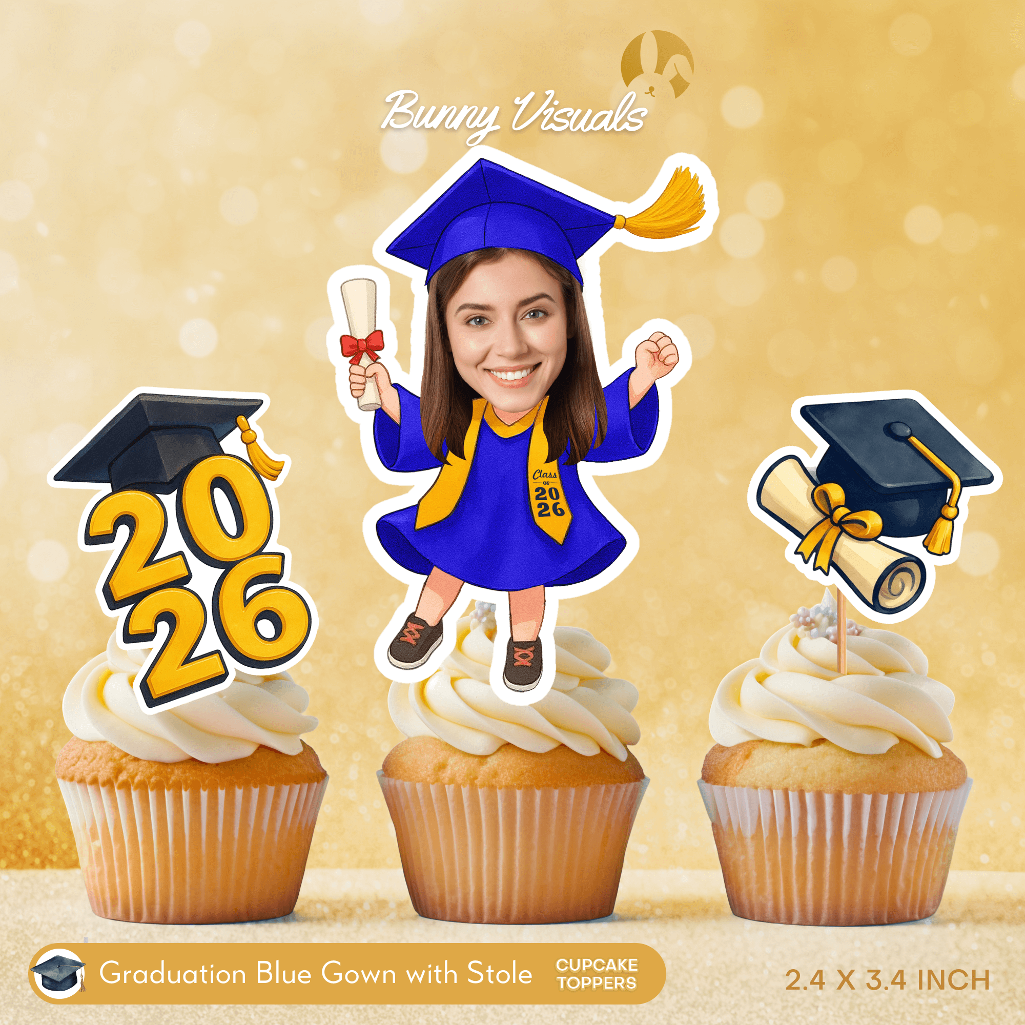 Graduation Blue Gown with Stole Custom Face Cupcake Topper