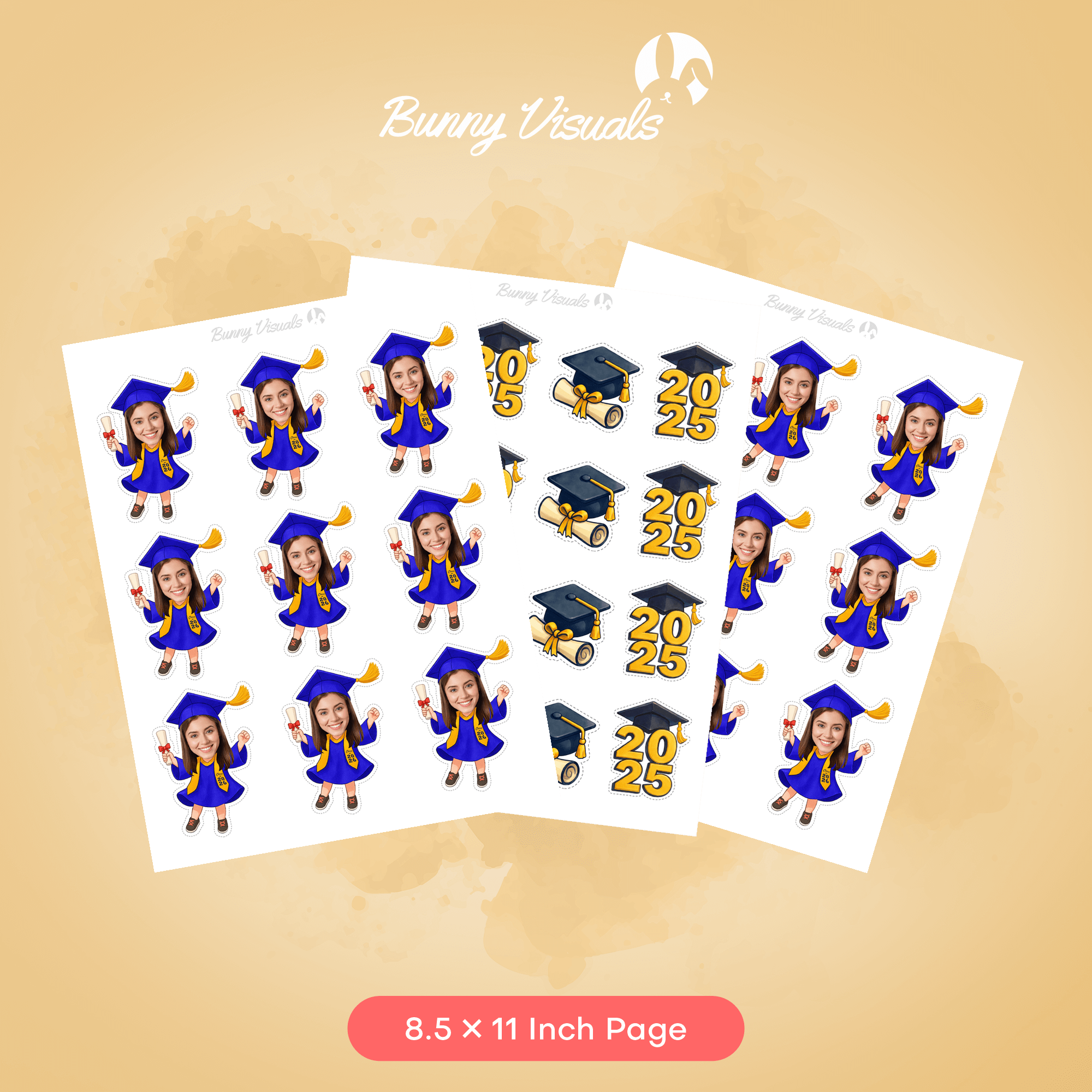 Graduation Blue Gown with Stole Custom Face Cupcake Topper