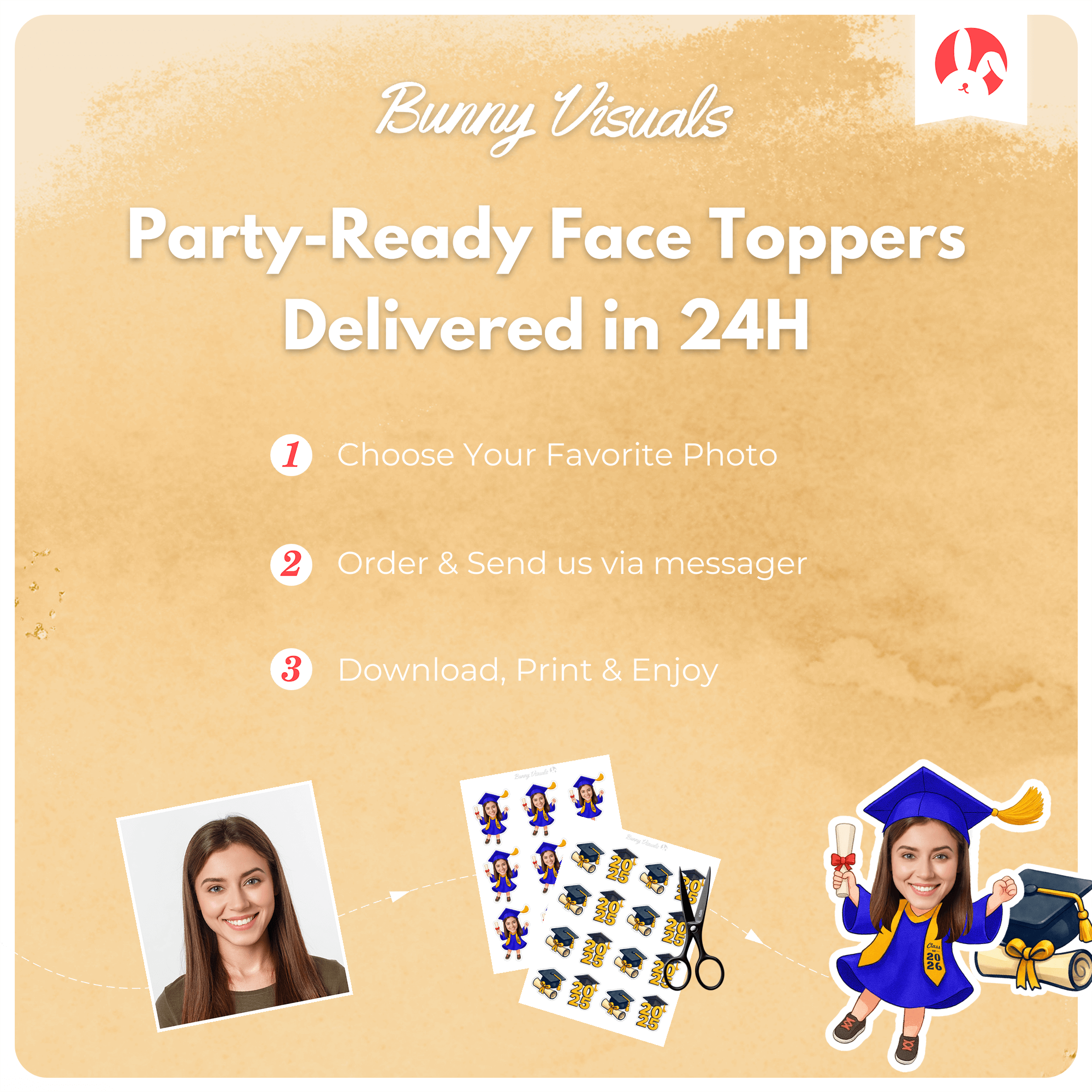 Graduation Blue Gown with Stole Custom Face Cupcake Topper