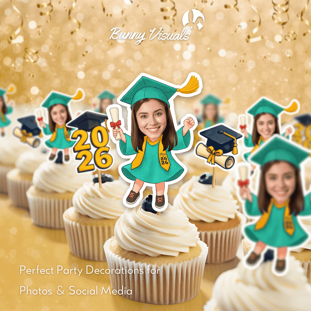 Graduation Green Gown with Stole Custom Face Cupcake Topper
