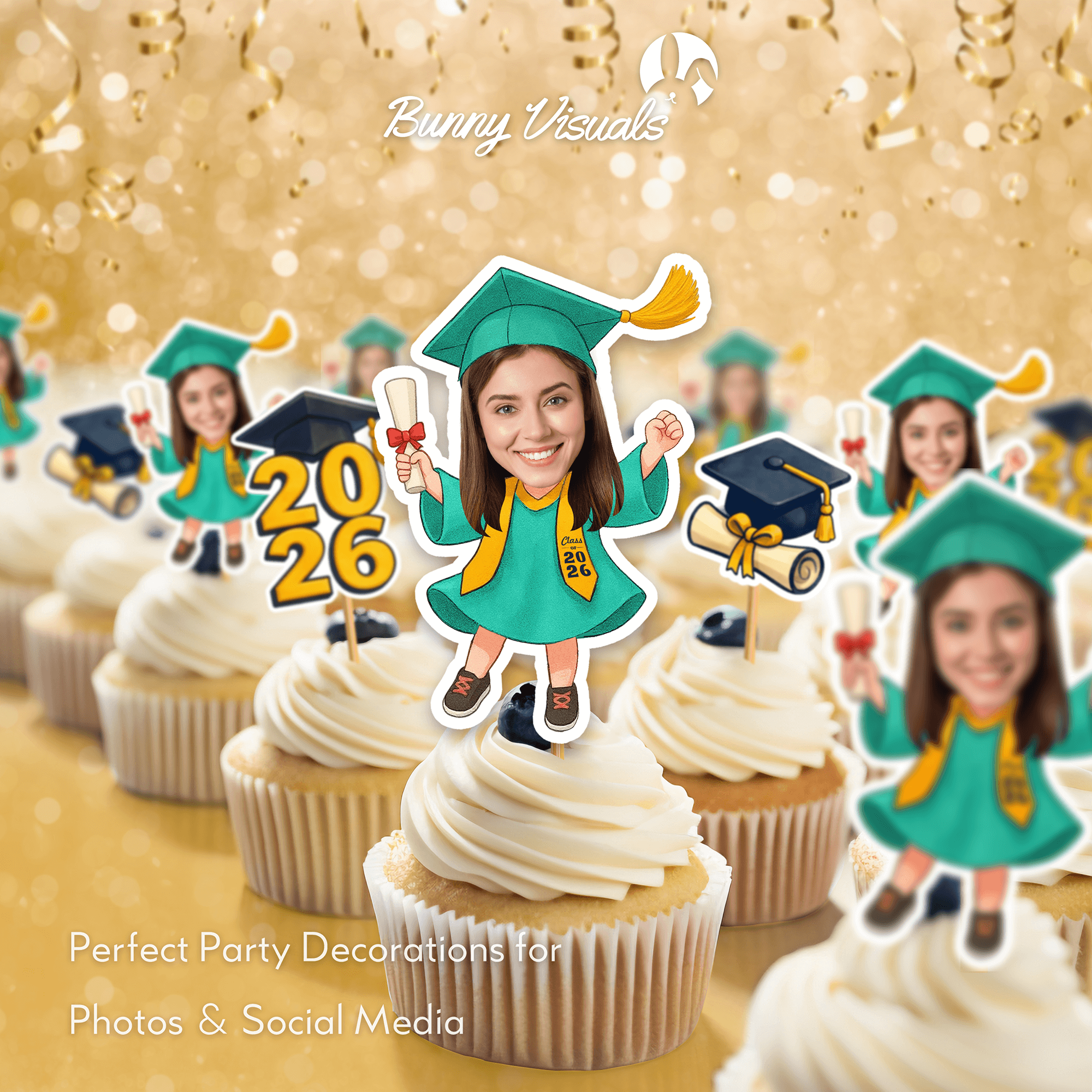 Graduation Green Gown with Stole Custom Face Cupcake Topper