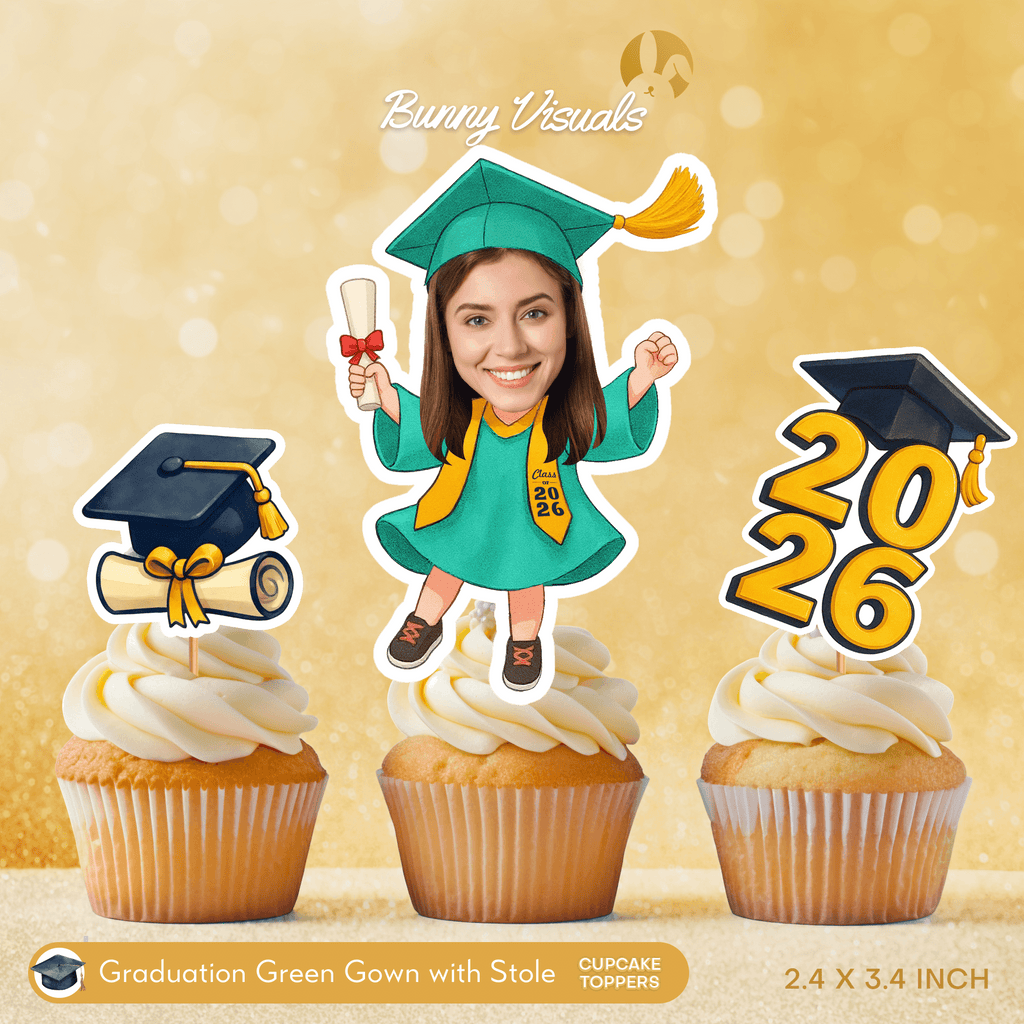 Graduation Green Gown with Stole Custom Face Cupcake Topper