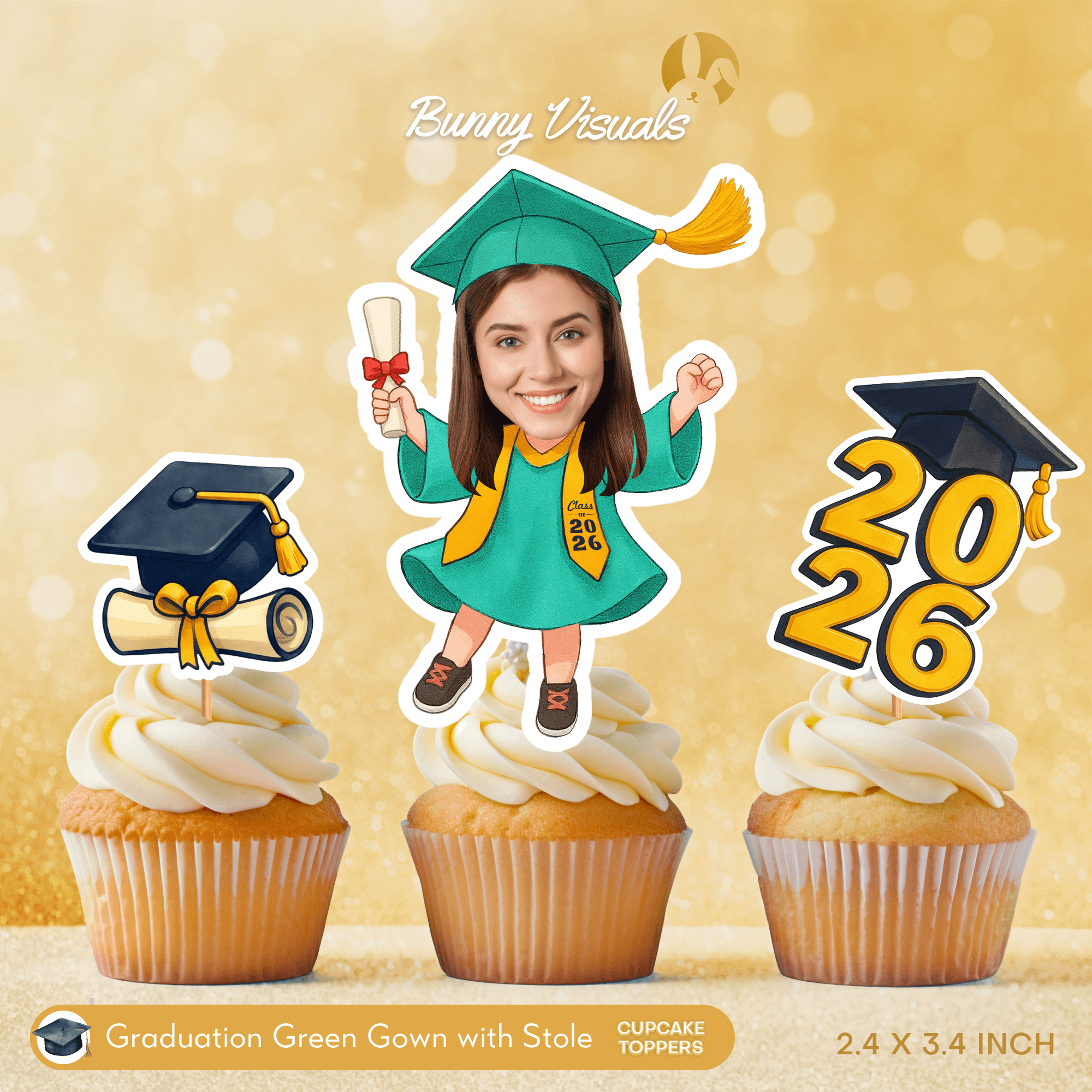 Graduation Green Gown with Stole Custom Face Cupcake Topper