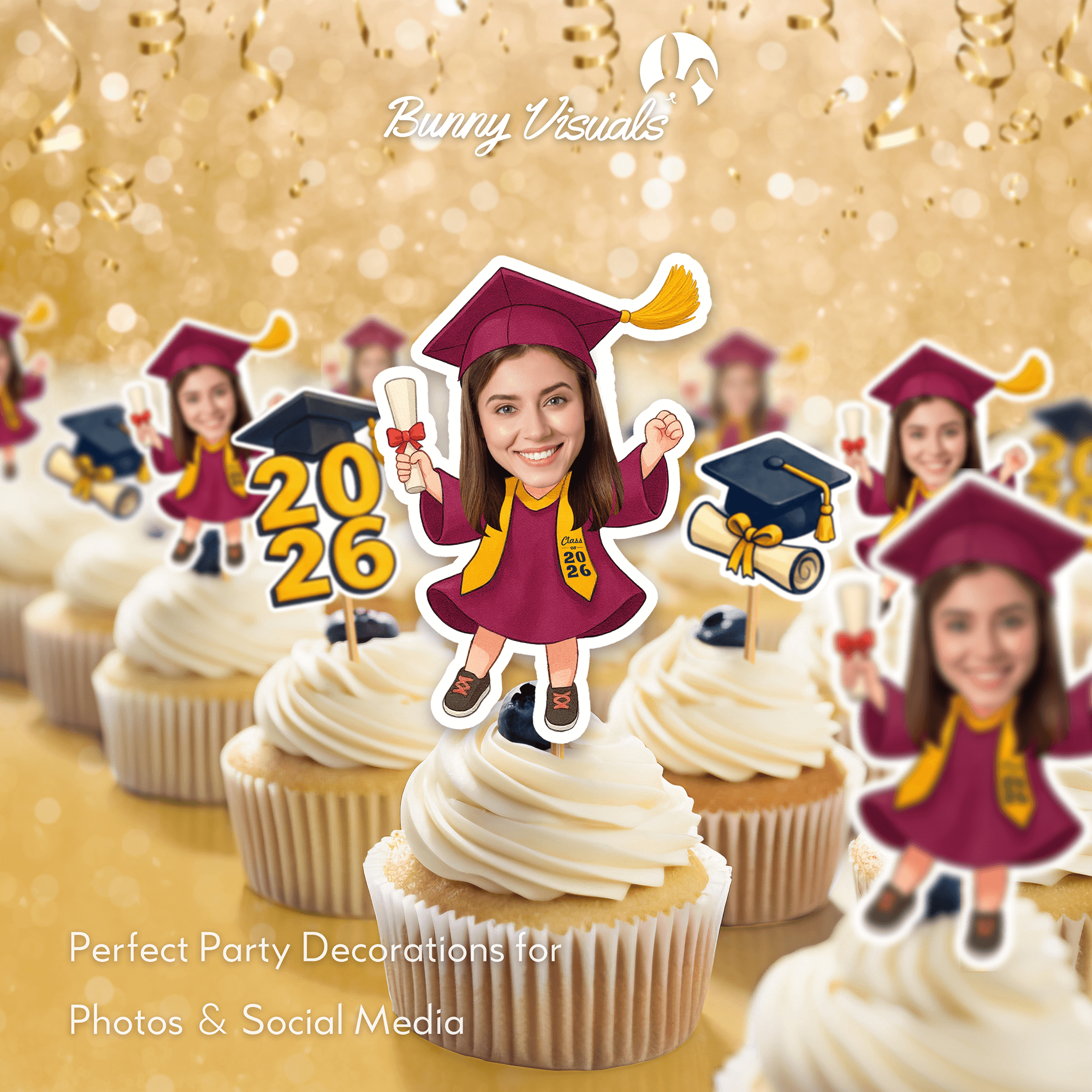 Graduation Maroon Gown with Stole Custom Face Cupcake Topper