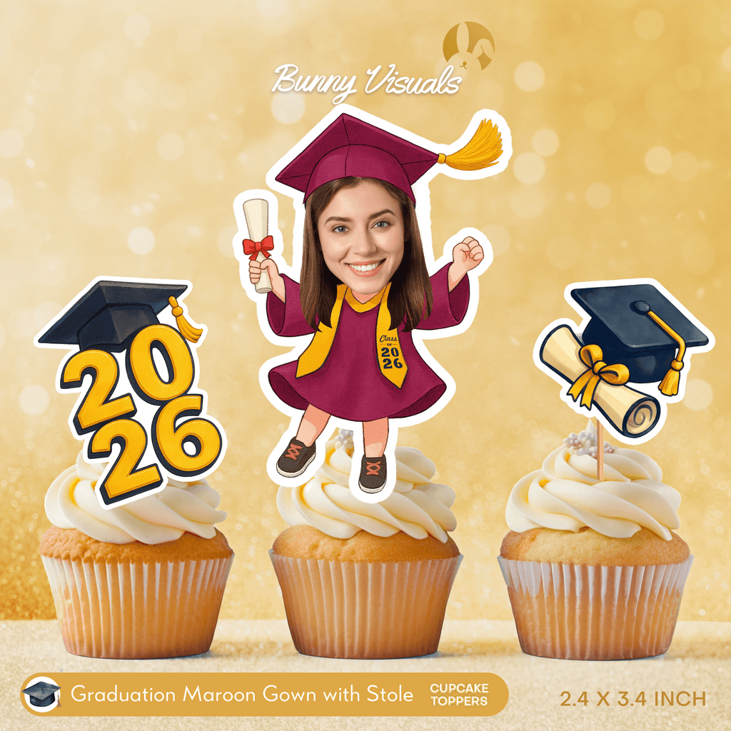 Graduation Maroon Gown with Stole Custom Face Cupcake Topper