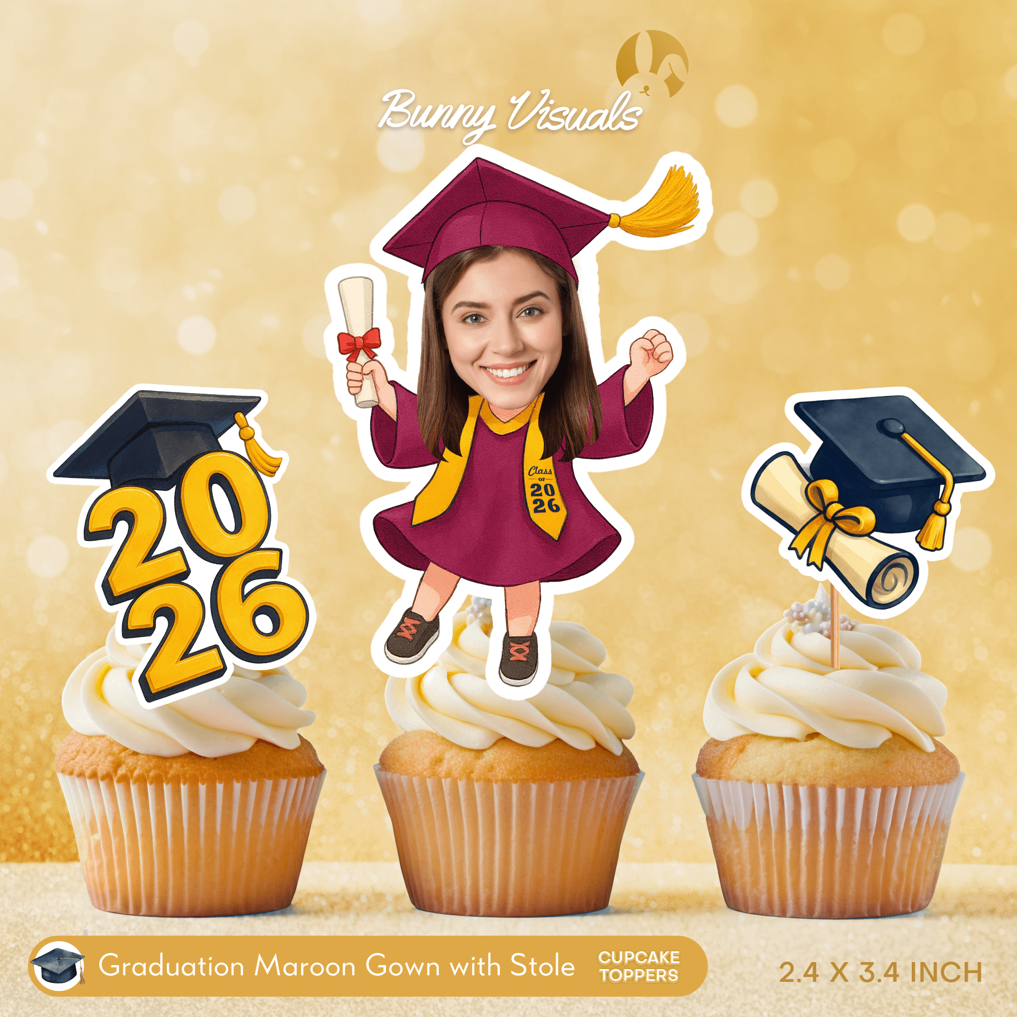 Graduation Maroon Gown with Stole Custom Face Cupcake Topper