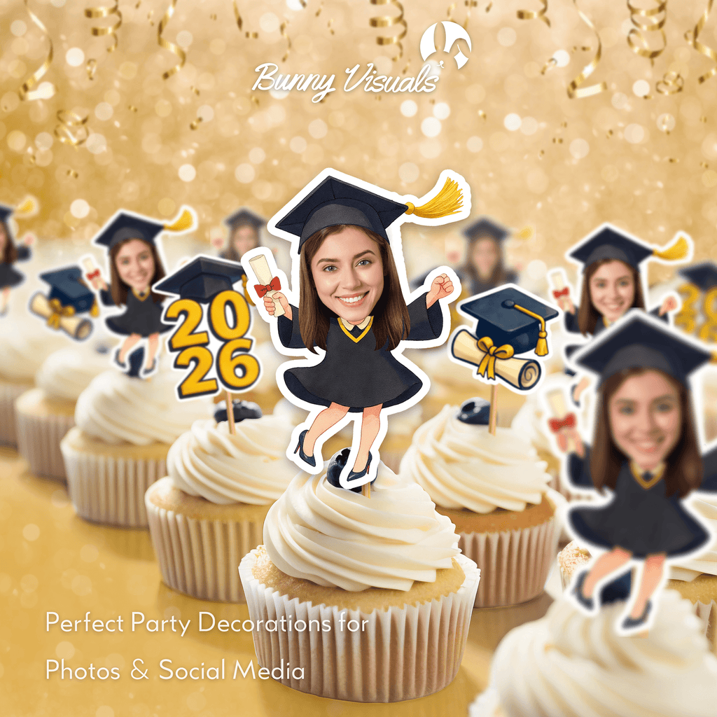 Graduation Black Gown with Heels Custom Face Cupcake Topper