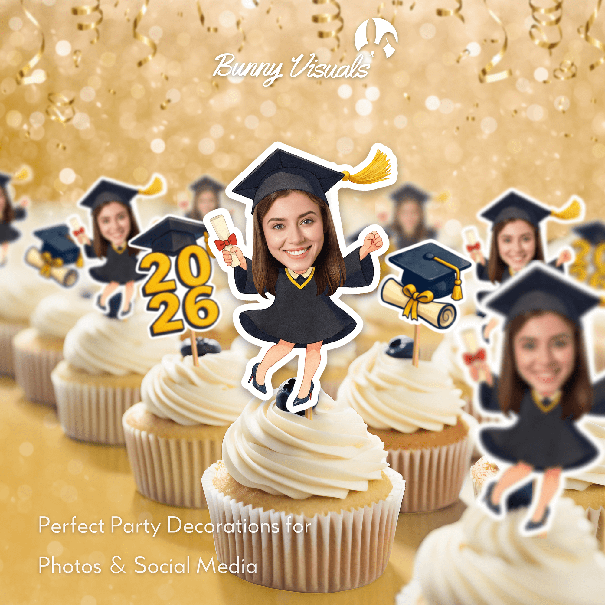 Graduation Black Gown with Heels Custom Face Cupcake Topper