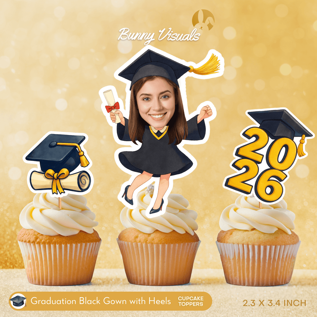 Graduation Black Gown with Heels Custom Face Cupcake Topper