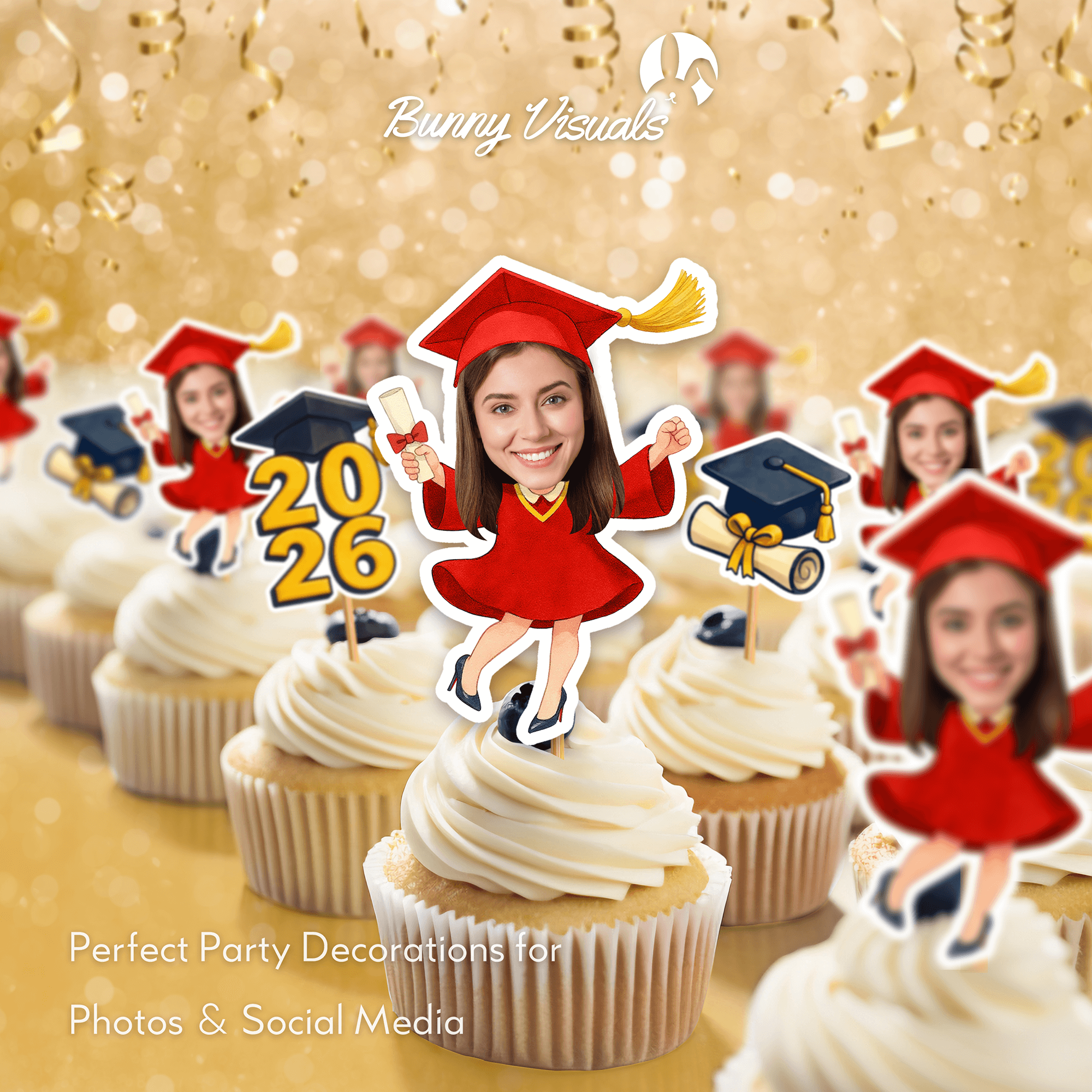 Graduation Red Gown with Heels Custom Face Cupcake Topper