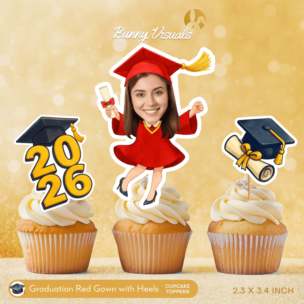 Graduation Red Gown with Heels Custom Face Cupcake Topper