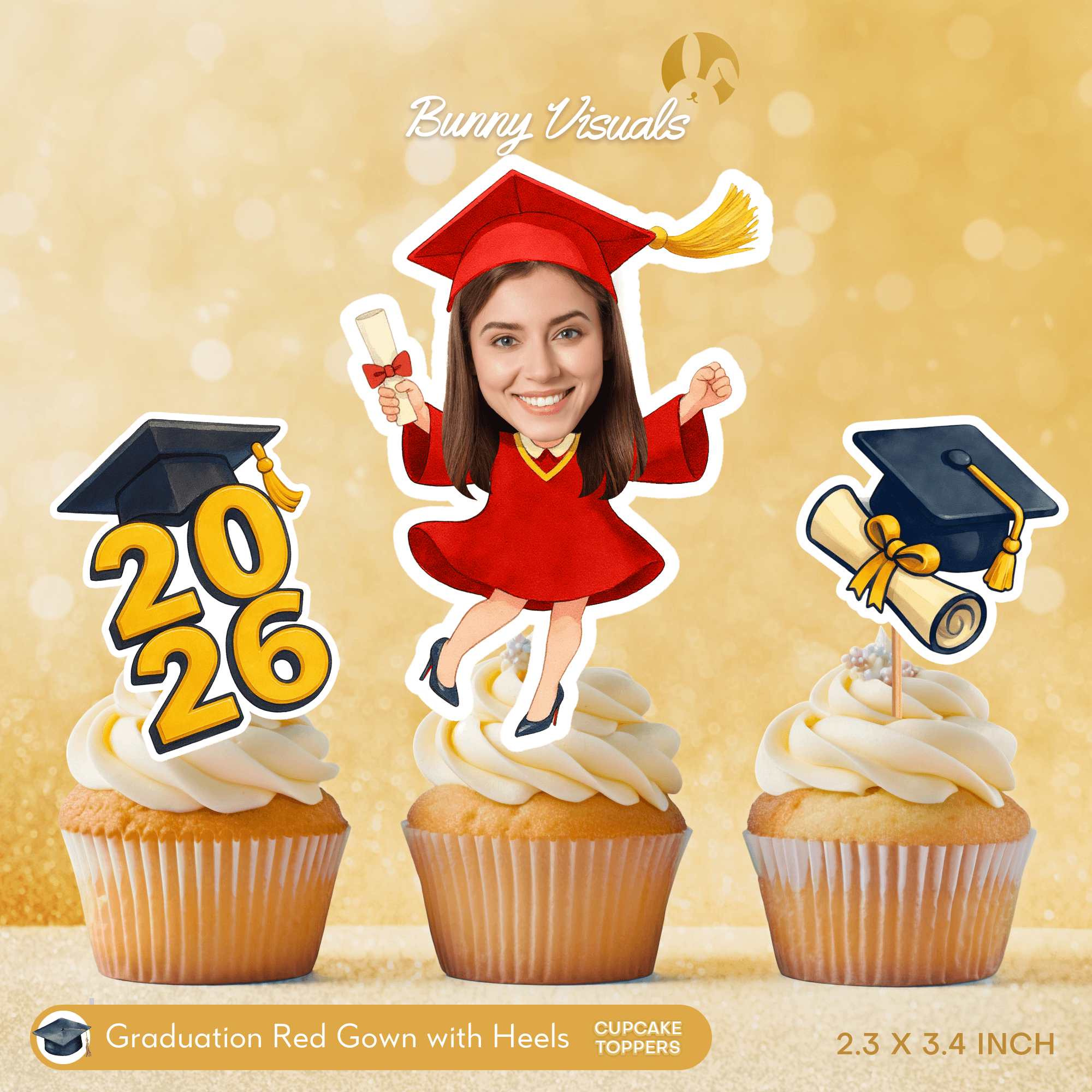 Graduation Red Gown with Heels Custom Face Cupcake Topper