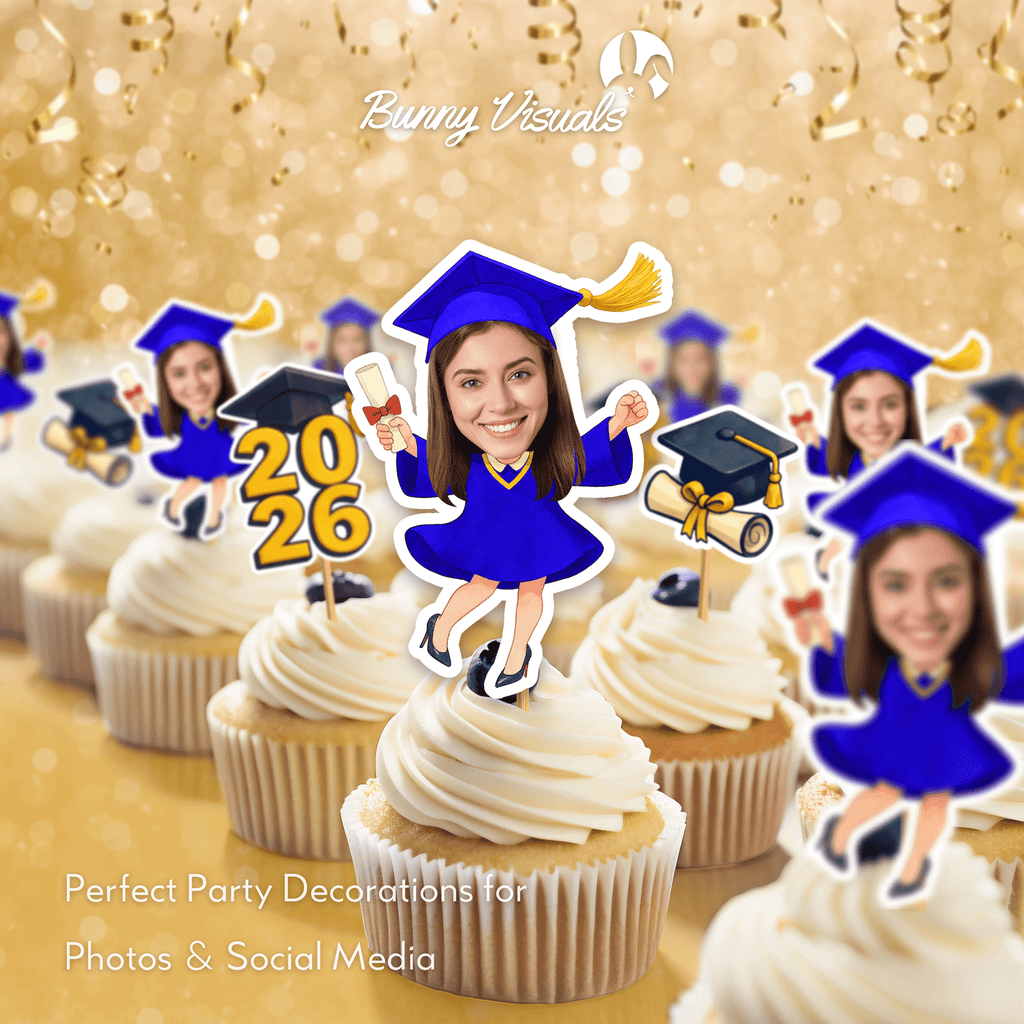 Graduation Blue Gown with Heels Custom Face Cupcake Topper