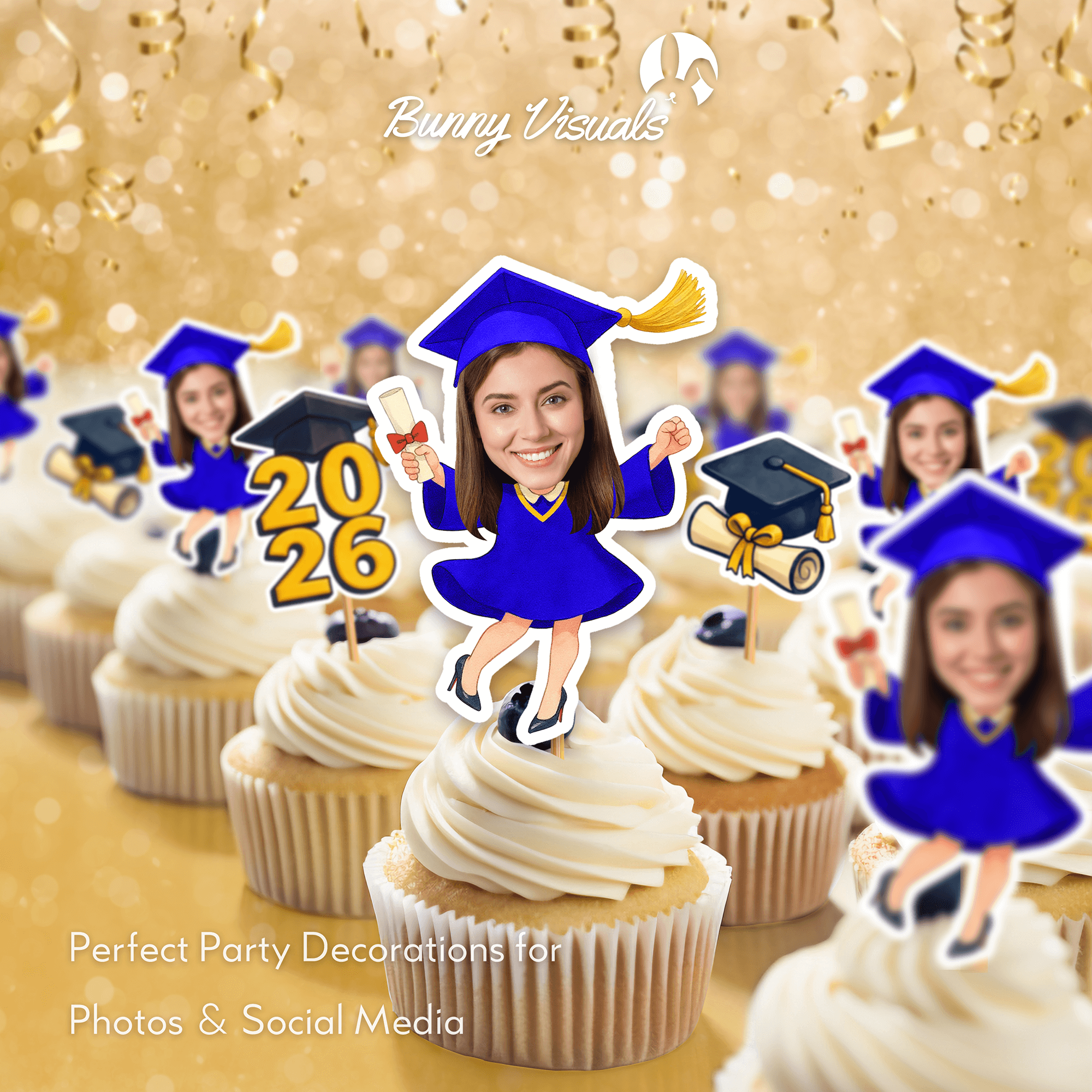 Graduation Blue Gown with Heels Custom Face Cupcake Topper