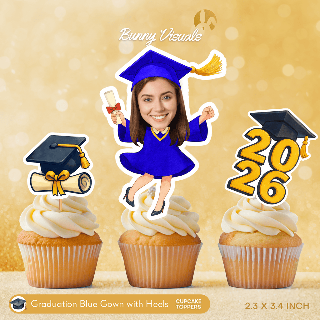Graduation Blue Gown with Heels Custom Face Cupcake Topper