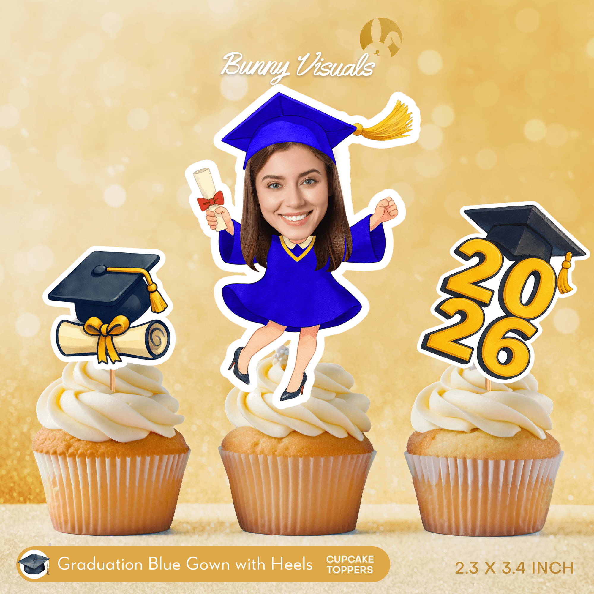 Graduation Blue Gown with Heels Custom Face Cupcake Topper