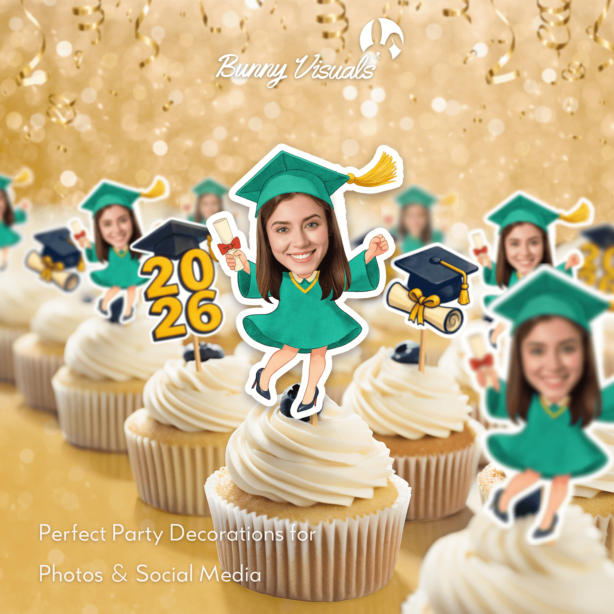 Graduation Green Gown with Heels Custom Face Cupcake Topper