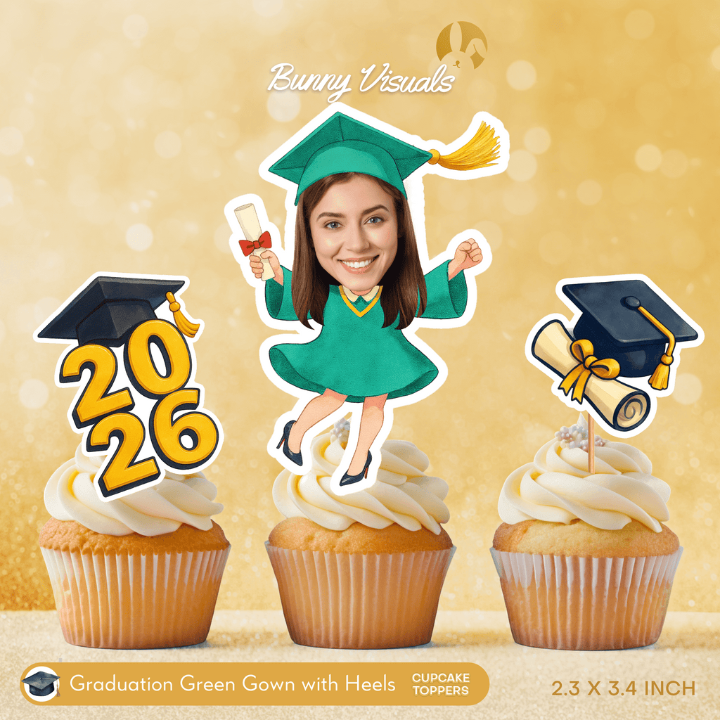 Graduation Green Gown with Heels Custom Face Cupcake Topper