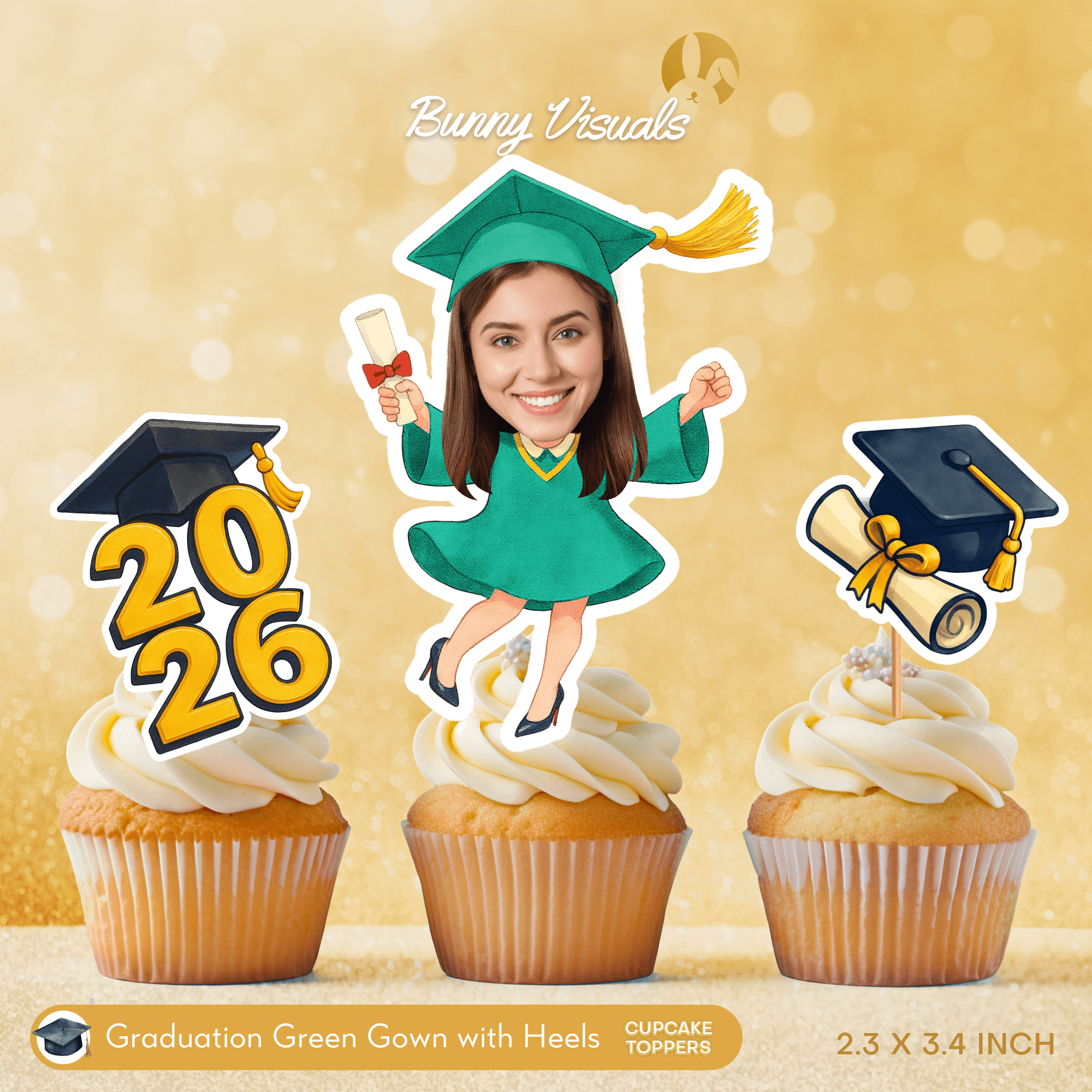 Graduation Green Gown with Heels Custom Face Cupcake Topper