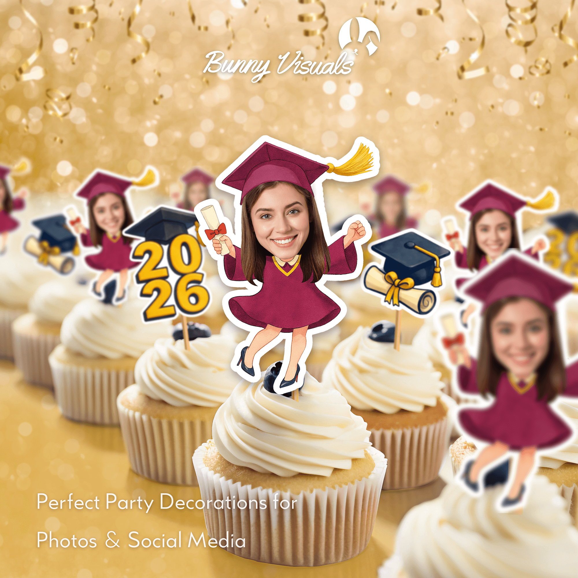 Graduation Maroon Gown with Heels Custom Face Cupcake Topper