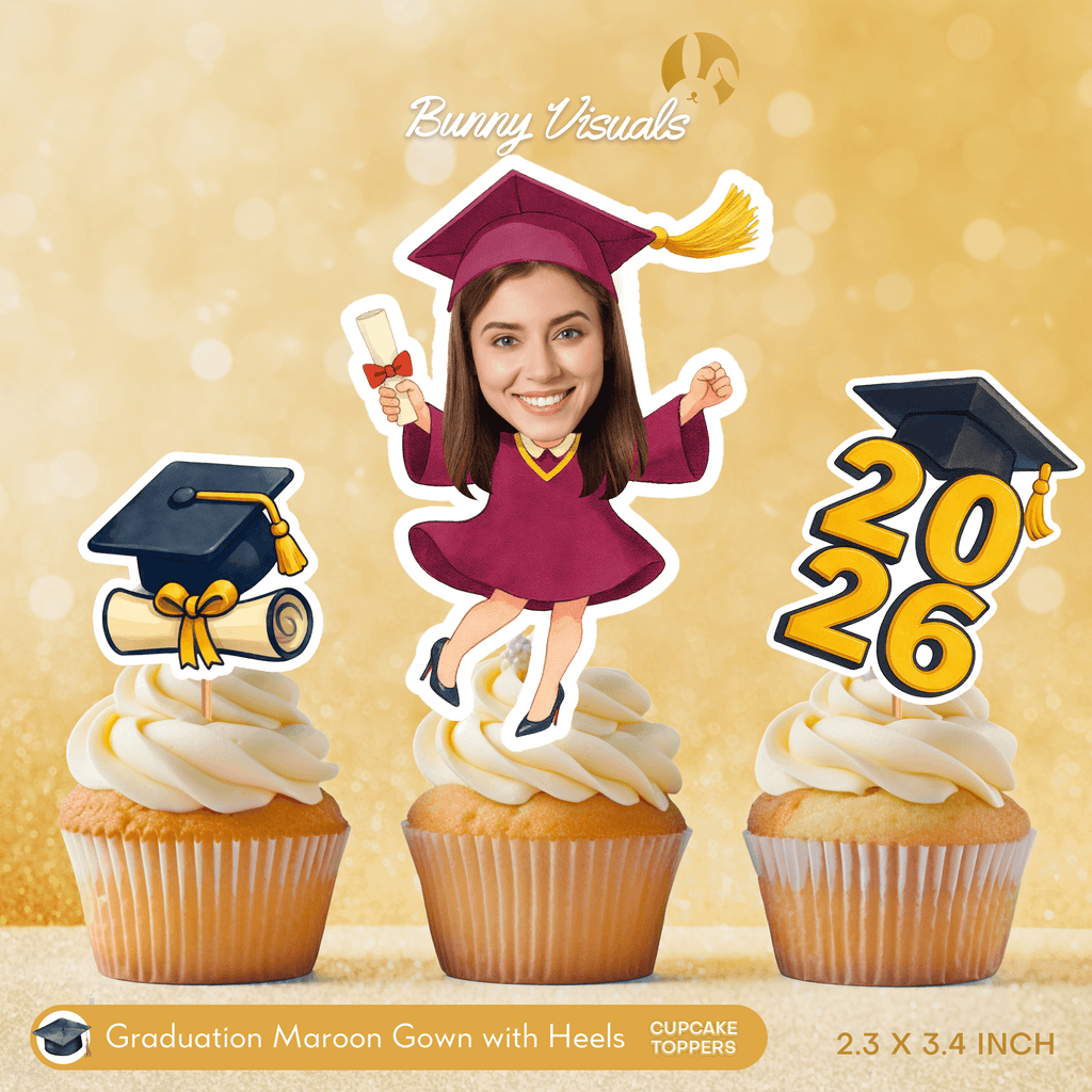 Graduation Maroon Gown with Heels Custom Face Cupcake Topper