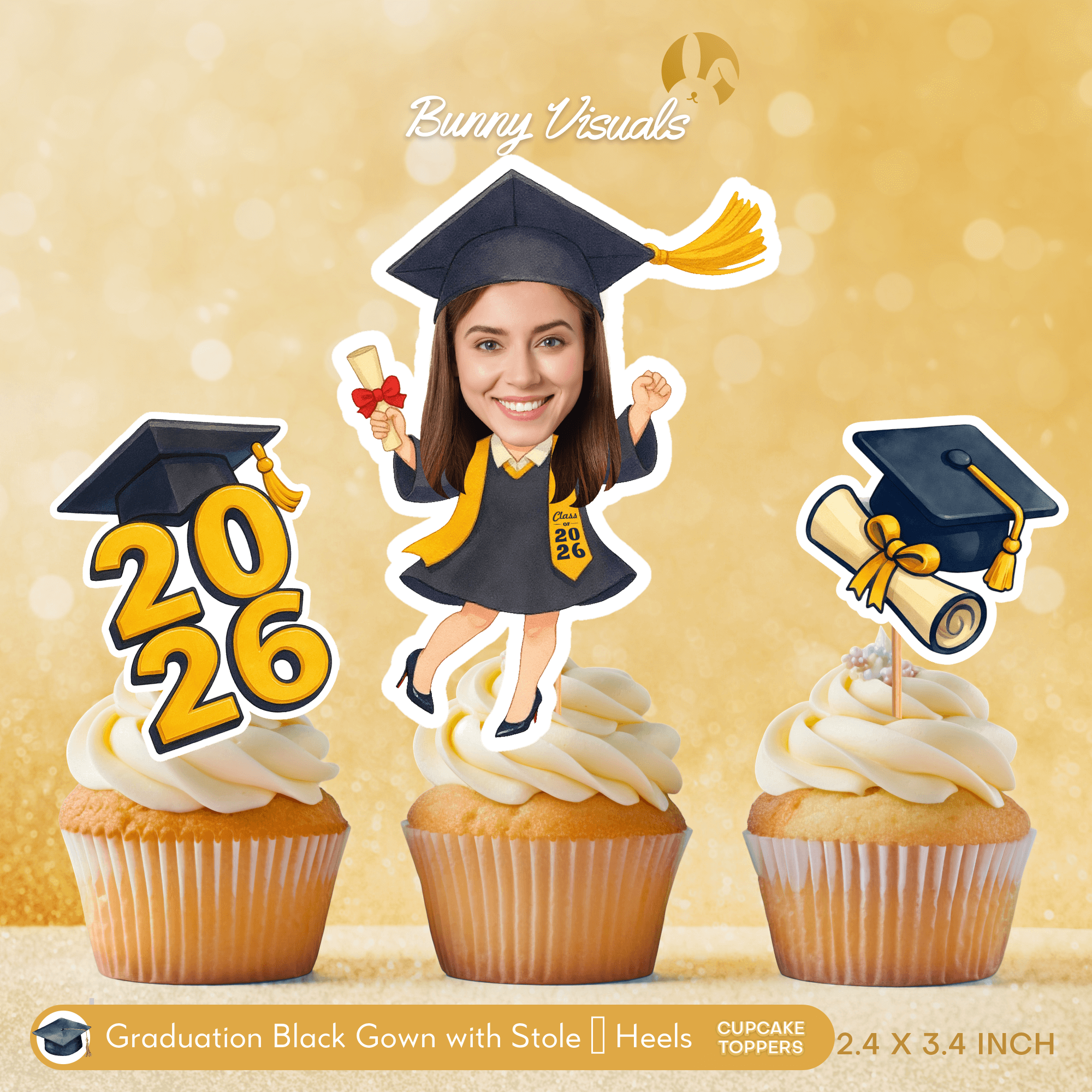 Graduation Black Gown with Stole & Heels Custom Face Cupcake Topper