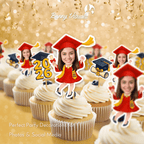 Graduation Red Gown with Stole & Heels Custom Face Cupcake Topper
