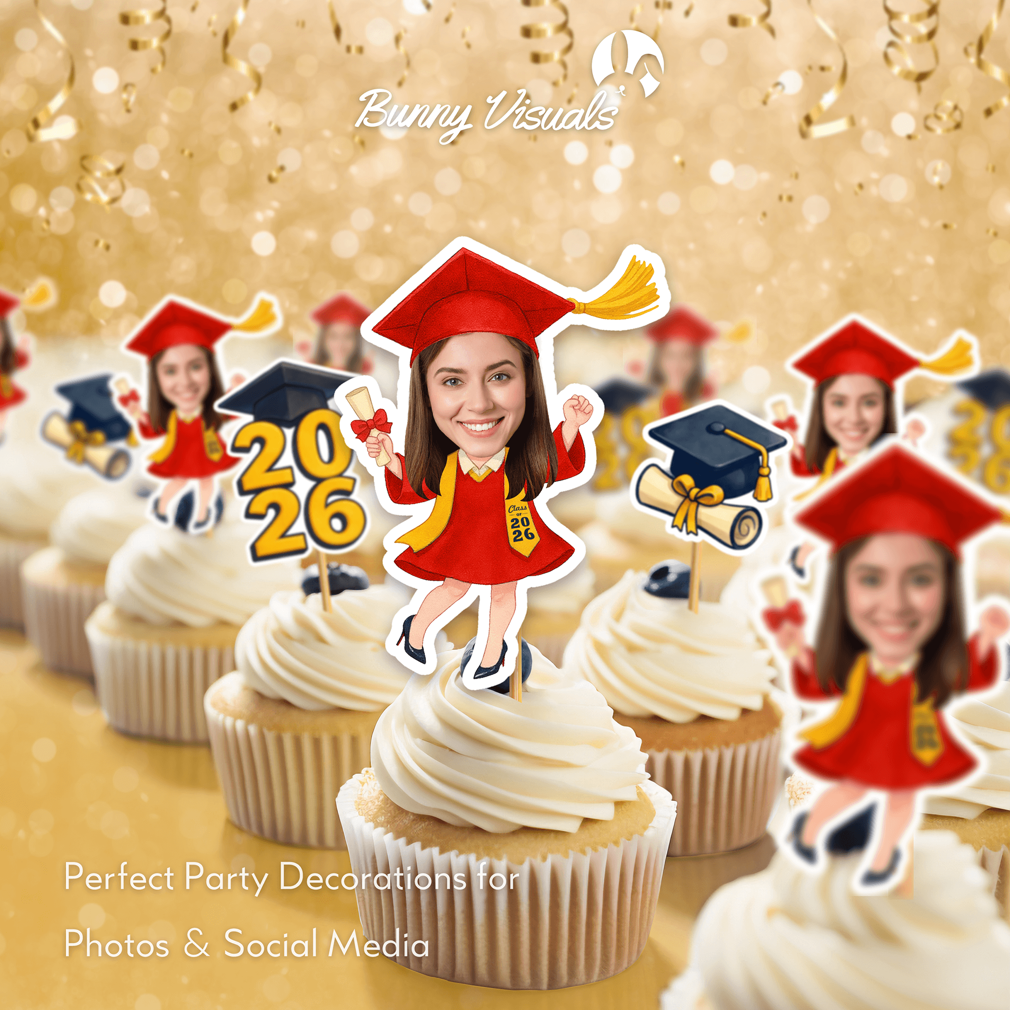 Graduation Red Gown with Stole & Heels Custom Face Cupcake Topper