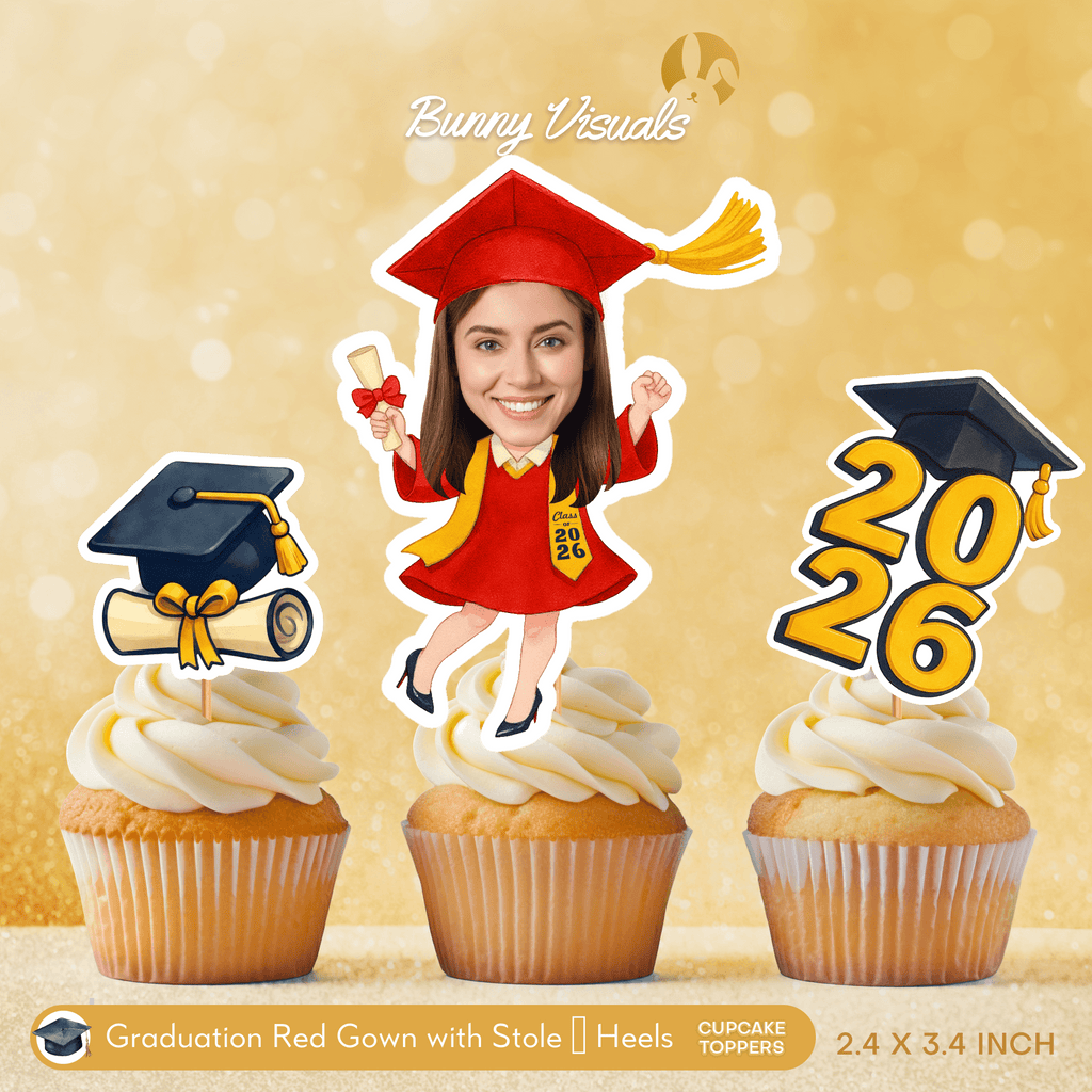 Graduation Red Gown with Stole & Heels Custom Face Cupcake Topper