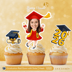 Graduation Red Gown with Stole & Heels Custom Face Cupcake Topper